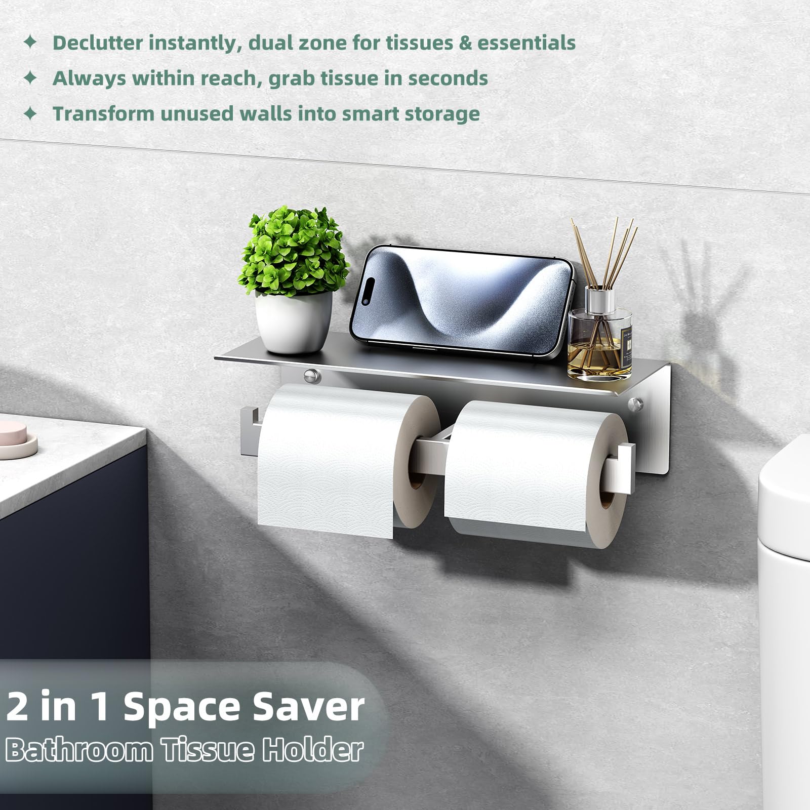 APLusee Soporte Doble para Papel higiénico con Estante, Soporte de Papel higiénico de Acero Inoxidable 304 de níquel Cepillado, dispensador de Rollos de Papel Comercial montado en la Pared