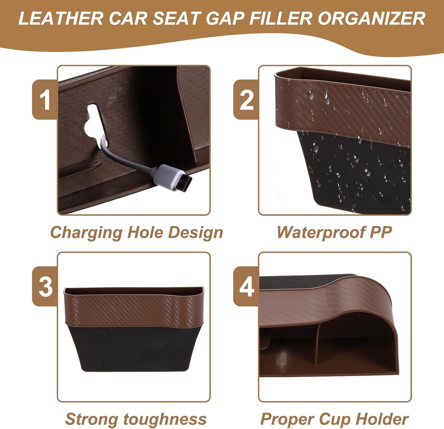 HARFINGTON Car Seat Gap Filler Organizer 10.6 x 7.1 x 2.8 Inch ABS+Leather Universal Car Organizer Storage Box Between Seat and Console (Right) with Cup Holders for Phone Keys, Beige