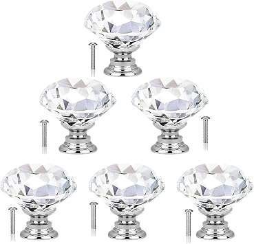 6 Pcs Cabinet Knobs 30mm Crystal Glass Cabinet Door Knobs with Screws Diamond Shaped Cupboard Dresser Wardrobe Drawer Pull Handles for Decorating Wardrobe Home and Office