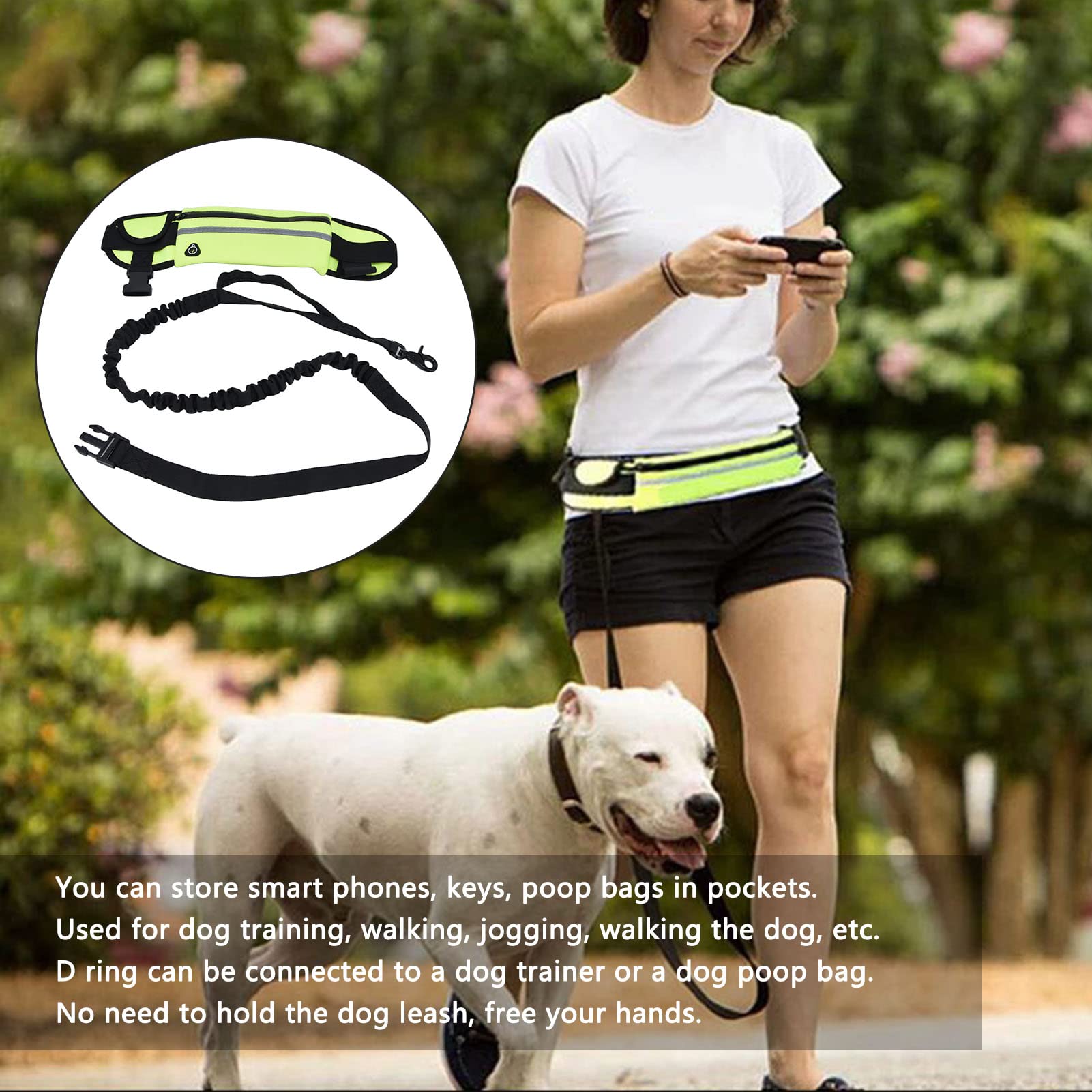 No Hands Dog Leash, Dog Leash with Pouch Dog Waist Belt Dual Handle Dog Leash Bungee Dog Leash Walking Dog Leash Dog Leash for Hiking (Grass Green)