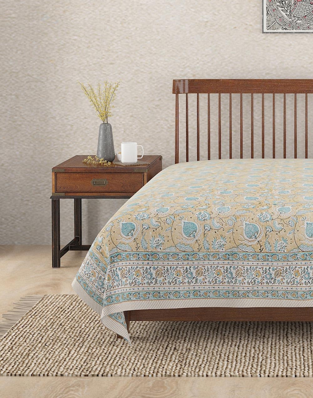 Fabindia Beige Ihania Cotton Hand Block Printed Double Bed Covers-picture-13