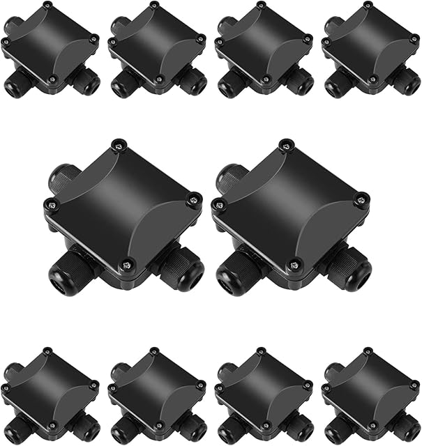 IP66 Waterproof Junction Box, 10Pcs Outdoor Electrical Junction Boxes, 3 Way Ø 6.5mm -10.5mm, Black Plastic Gland Cable Connector, Basement Socket, T-Piece