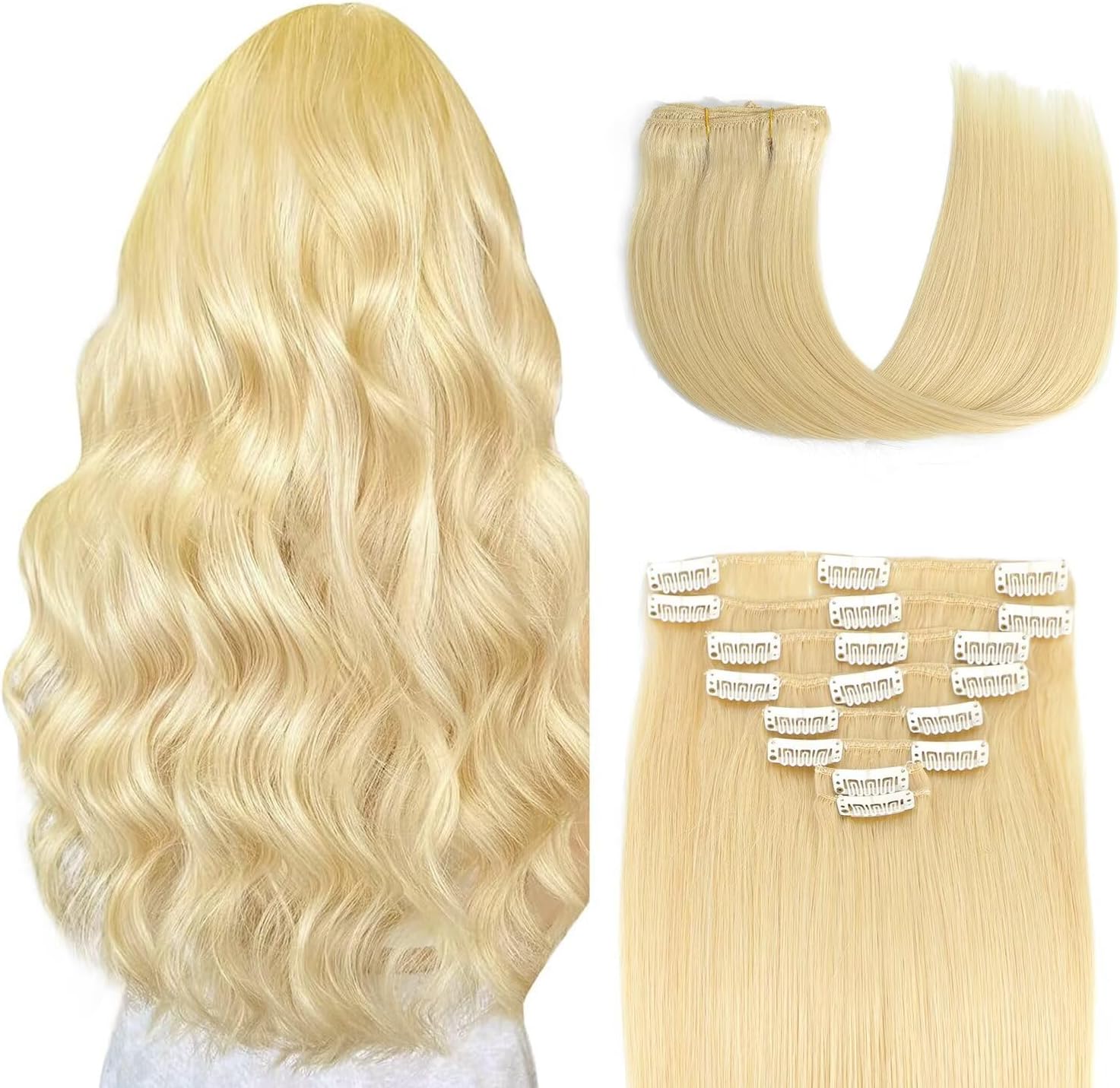 Clip in Hair Extensions Real Human Hair Clip ins 100% Human Hair Extension for Women Clip in Extensions 8pcs Per Set with 18 Clips Double Weft (20 Inch 80g #613 Bleach Blonde)