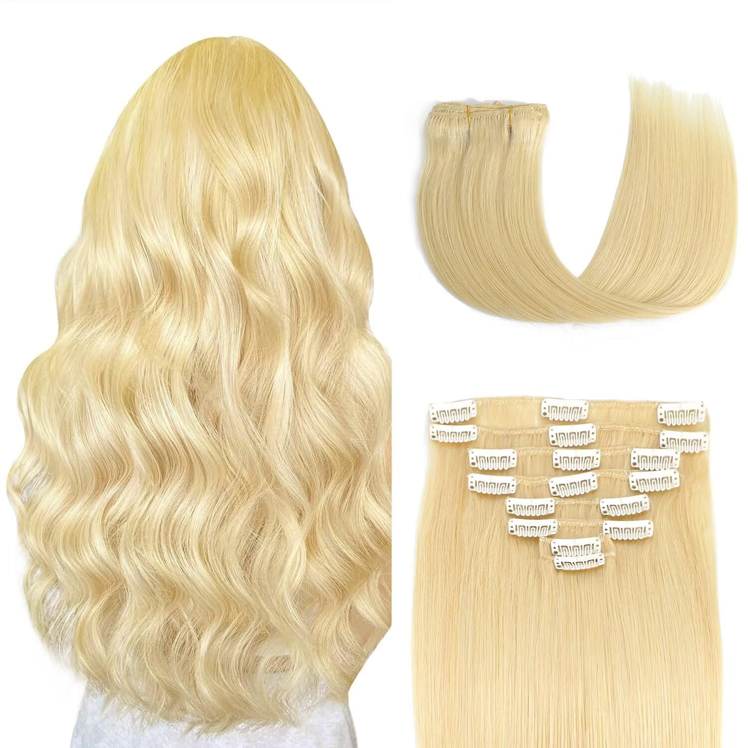 Clip in Hair Extensions Real Human Hair Clip ins 100% Human Hair Extension for Women Clip in Extensions 8pcs Per Set with 18 Clips Double Weft (20 Inch 80g #613 Bleach Blonde)
