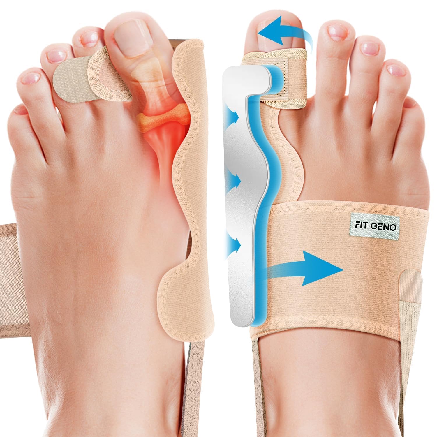 Fit Geno Bunion Corrector for Women & Men - Adjustable Big Toe Separator for Pain Relief - Orthopedic Toe Corrector for Hallux Valgus - Day & Night Support - 1 Pair