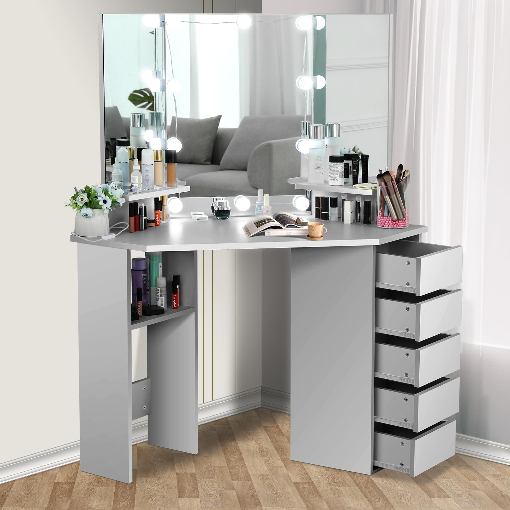 elifine Vanity Desk with Mirror and Lights, Makeup Corner Vanity with 5 Storage Drawers Shelves and 3 Dimmable Lighting Options and Vanity (Black)