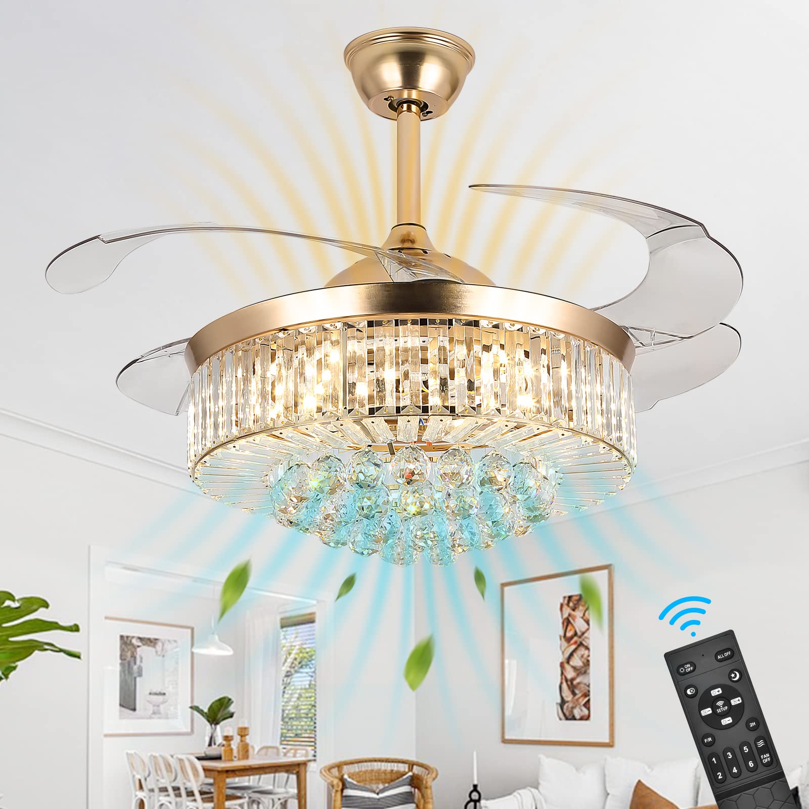 WWahuayuan 42" Ceiling Fans with Lights,Reversible Modern Crystal Ceiling Fans Light with Remote Control,3 Color Changeable, 3 Speed, 4 Retractable ABS Blades for Living Room Dining Room Decoration