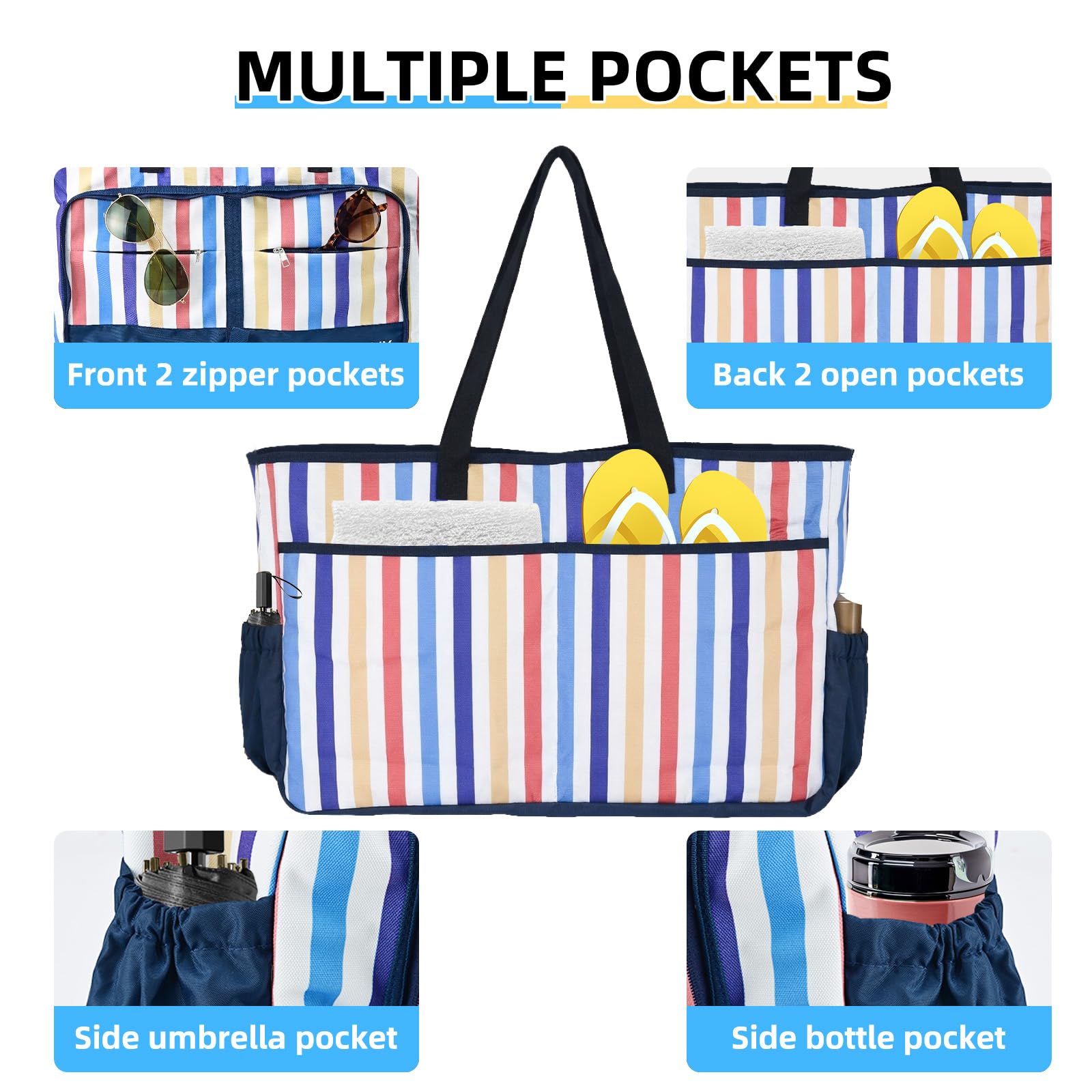 Bolso de playa COVVY, extra grande para mujer, con cierre de cremallera, impermeable, con funda para teléfono, abrebotellas, múltiples bolsillos, resistente al agua, a prueba de arena, plegable