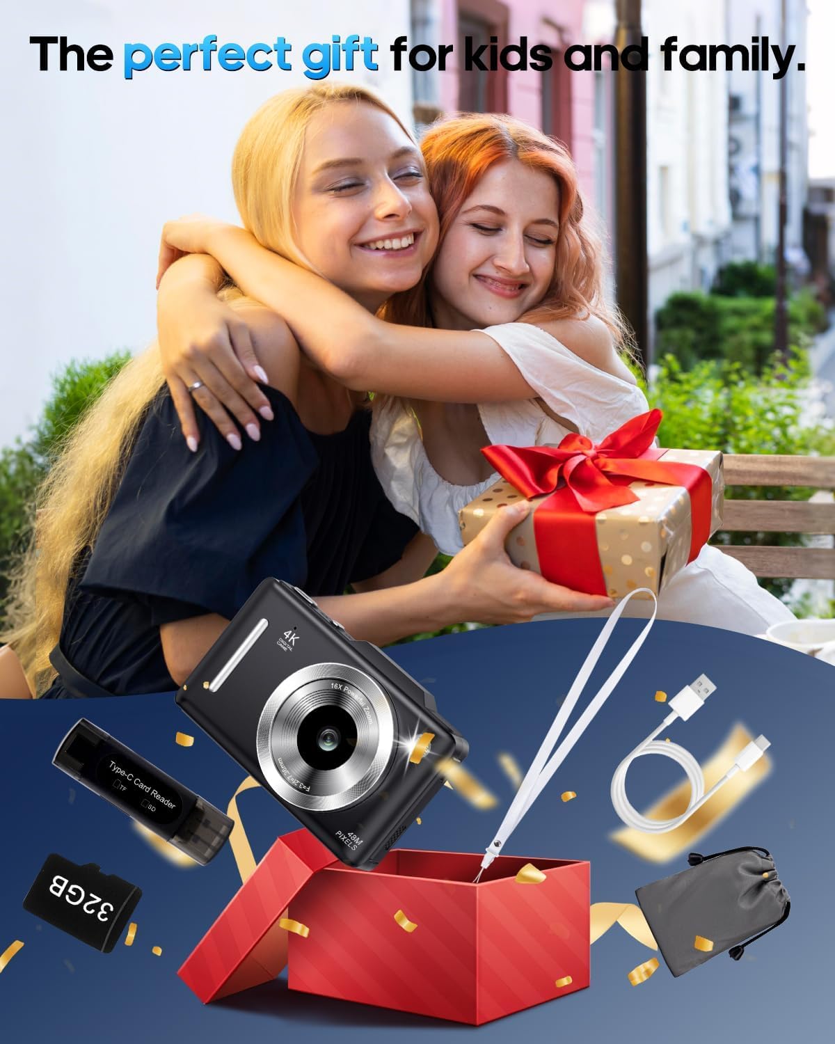 Fotocamera digitale 4K per bambini, 48 MP, autofocus, vlogging, con scheda da 32 GB, zoom 16x, anti-shake, fotocamera compatta per adolescenti e principianti, regalo di compleanno, colore nero