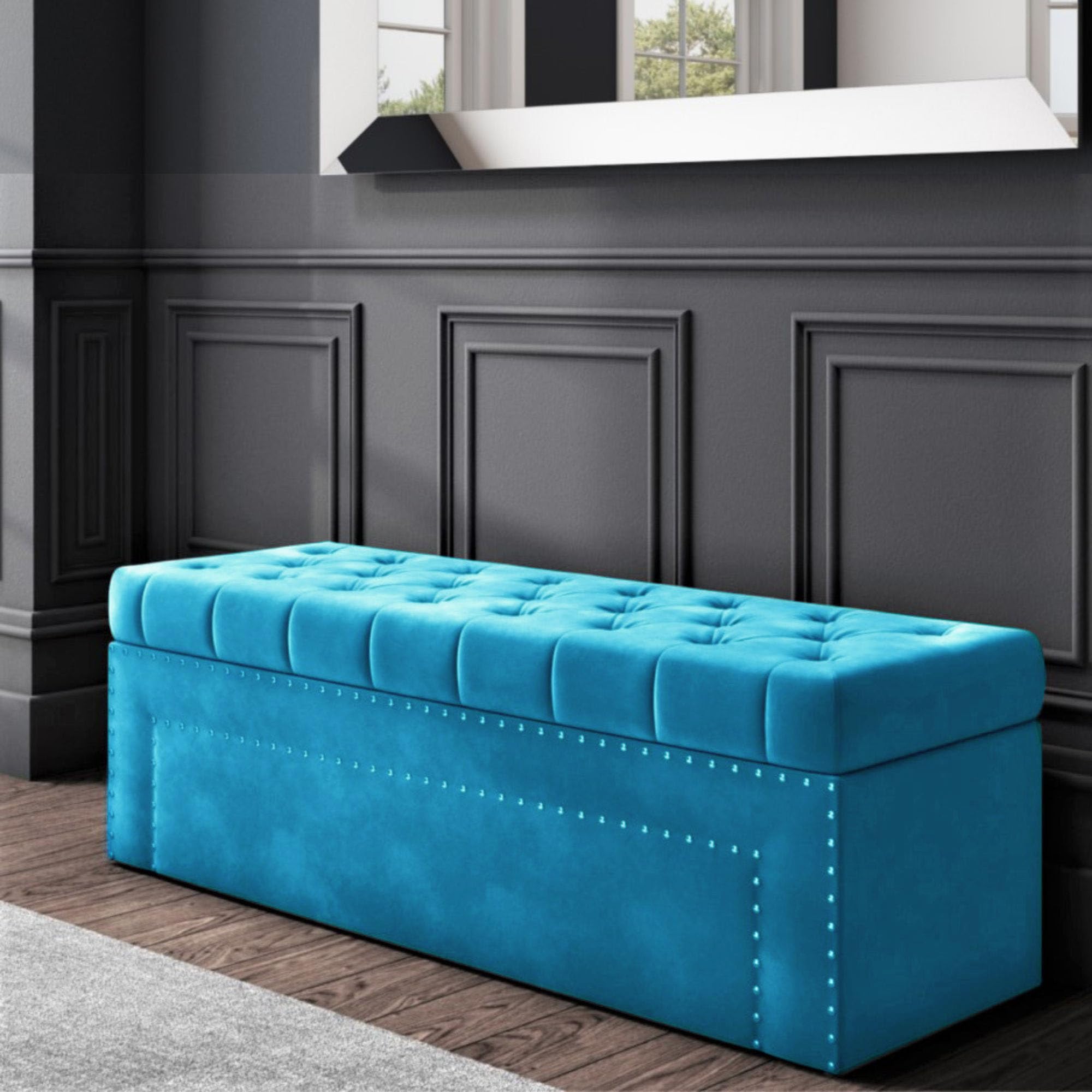 Duke Chesterfield Ottoman storage Box - Plush Velvet Storage Ottoman with Decorative Tacks- Ottoman Shoe Bench with Storage - Upholstered Coffee Table- End of bed Storage Bench, Blanket Box