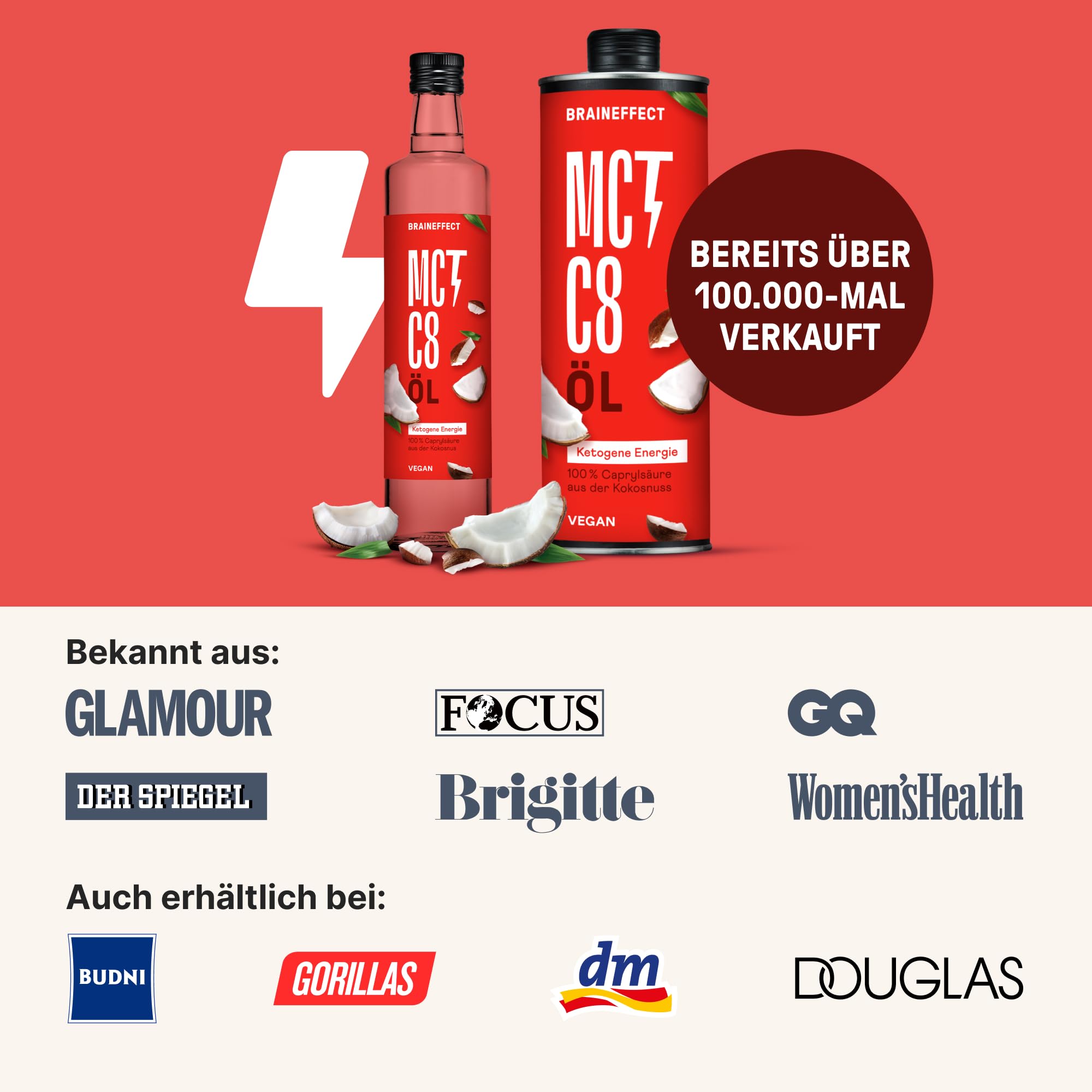 BRAINEFFECT MCT-Öl C8 BUNDLE (2 * 500ml) - Bildet 300% mehr Ketone als andere MCT-Öle (100% C8) - Ketogene Ernährung - Reiner Extrakt aus Kokosnussöl - Ideal für ketogene Diät & Bulletproof Coffee