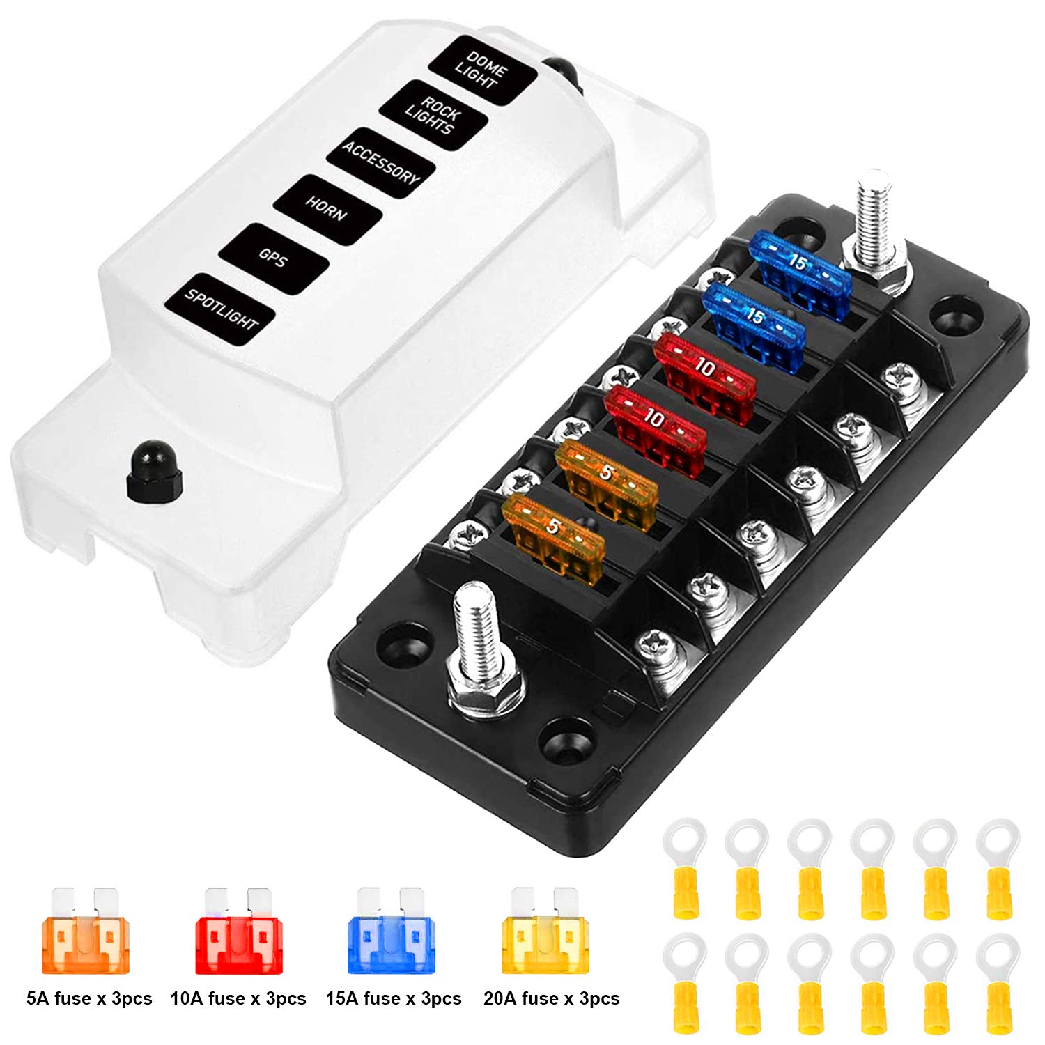 PSEQT Mini 6Way Marine Blade Fuse Block with Negative Bus ATC/ATO