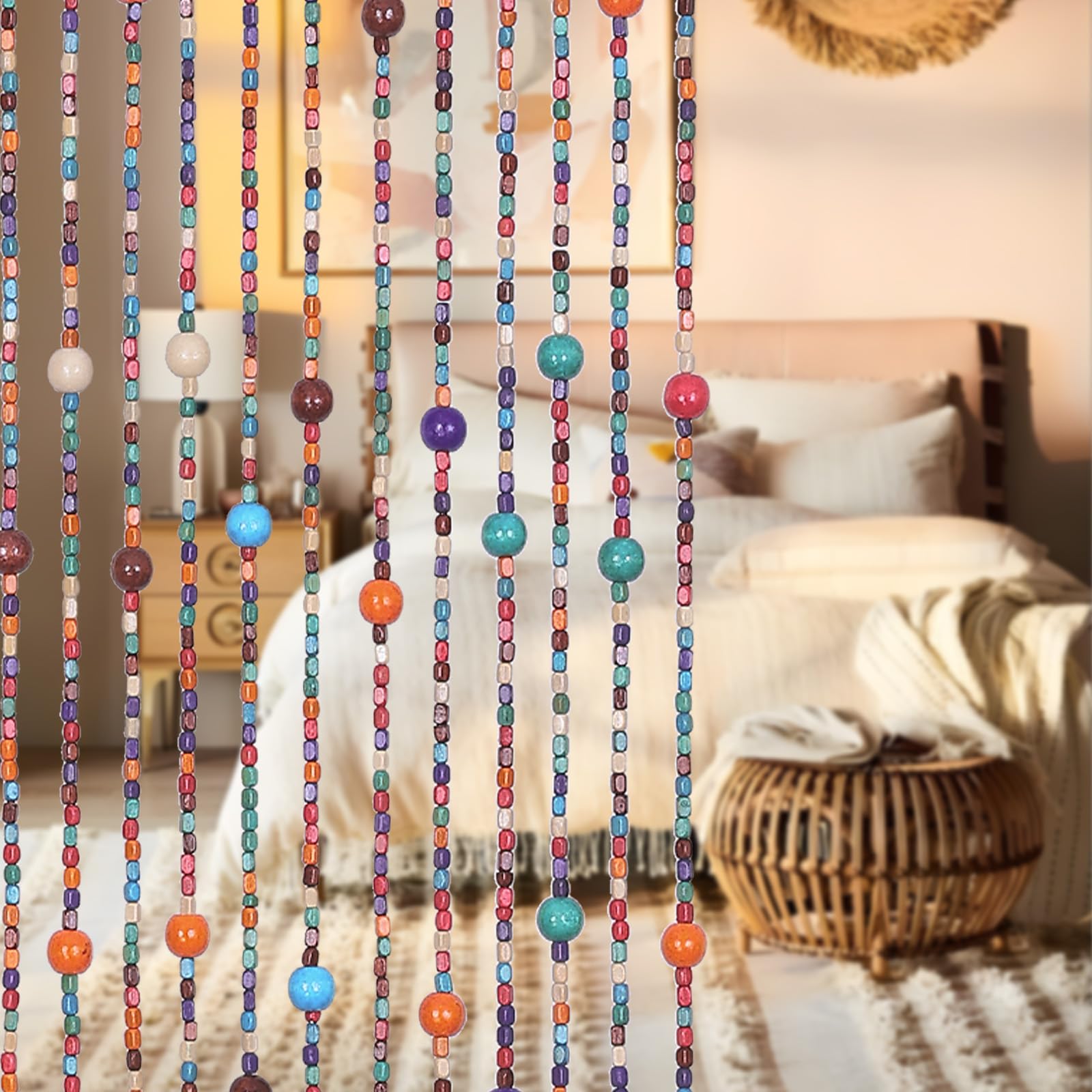 Colorful Boho Bamboo Beaded Curtain 35.5 x 75 Inches 38 Strands Handmade Hanging Wooden Door Beads Hippie Curtains Room Divider for Doorway Window Home Decor, Rainbow