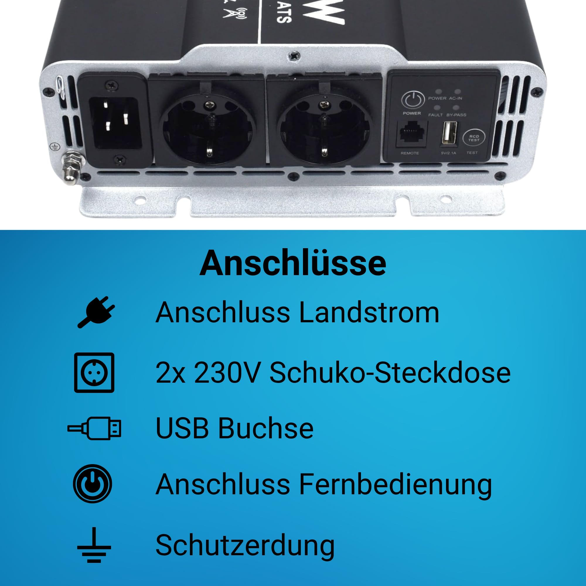 Falownik 12 V na 230 V, 1000 W, czysty sinus z przełącznikiem priorytetowym i ochroną FI, do wrażliwych urządzeń, z pilotem zdalnego sterowania, USB i puszkami Schuko, idealny do kamperów