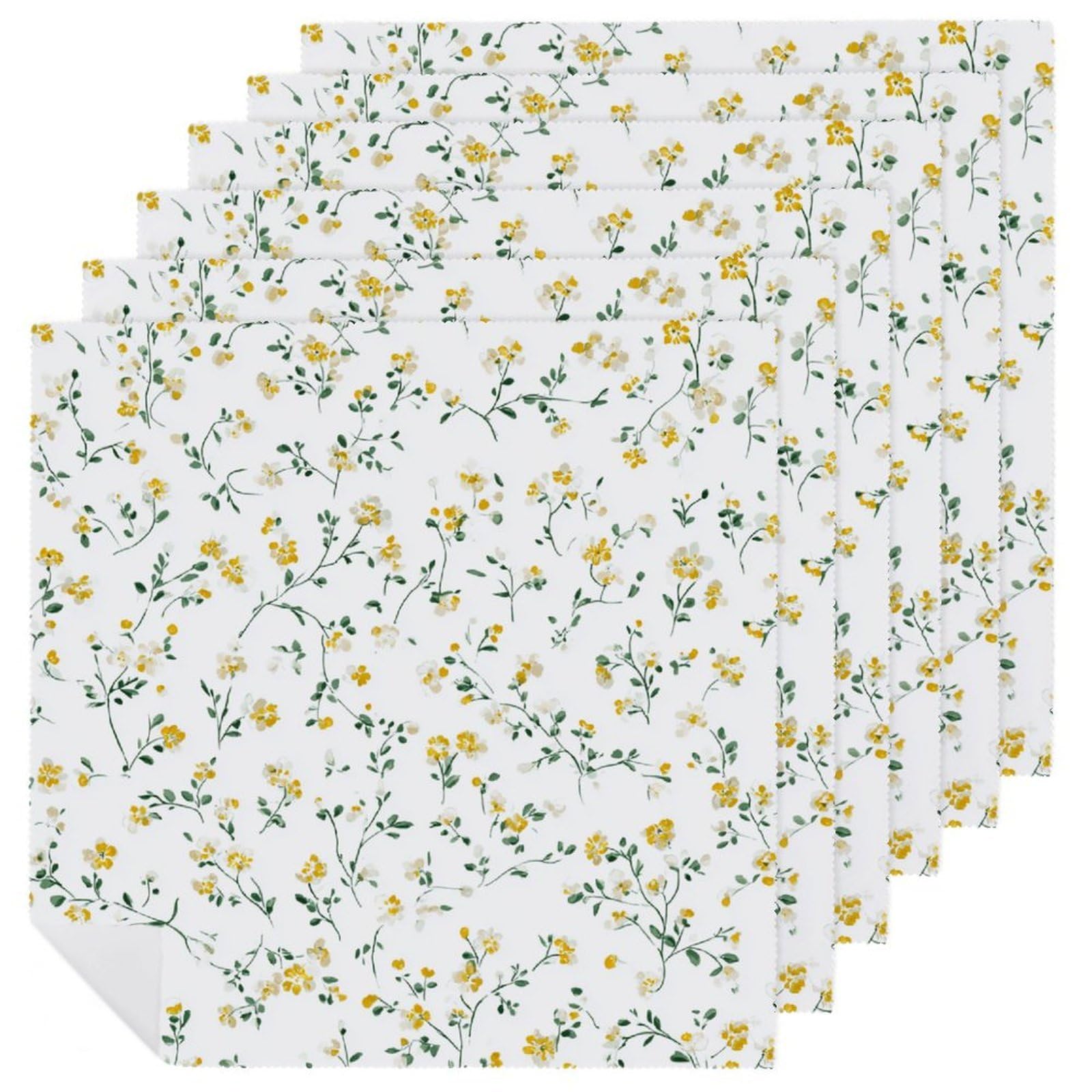 Tiny Dainty Pale Yellow And Green Floral Cloth Napkins Set of 6, Square Premium Reusable Washable Polyester Table Linen Napkin for Dinner Party