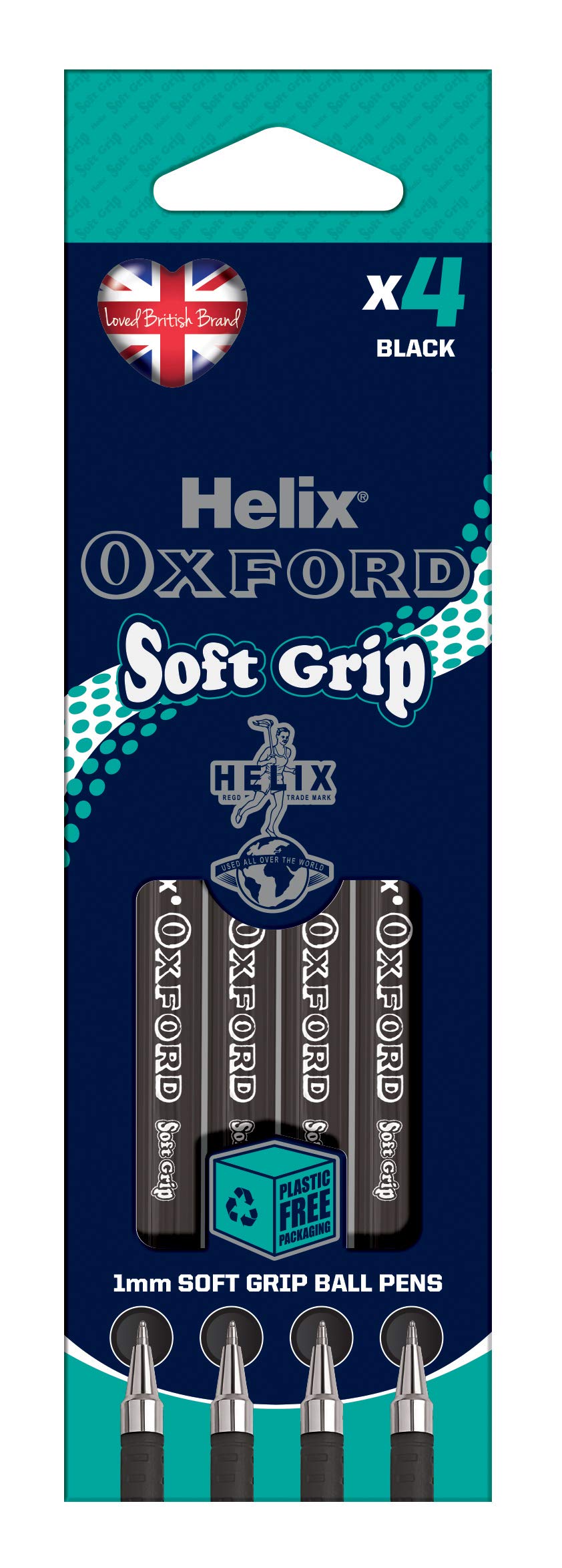 Helix Oxford Soft Grip Ballpoint Pens (x4 Pack Black Ink) with Plastic Free Packaging, 227011