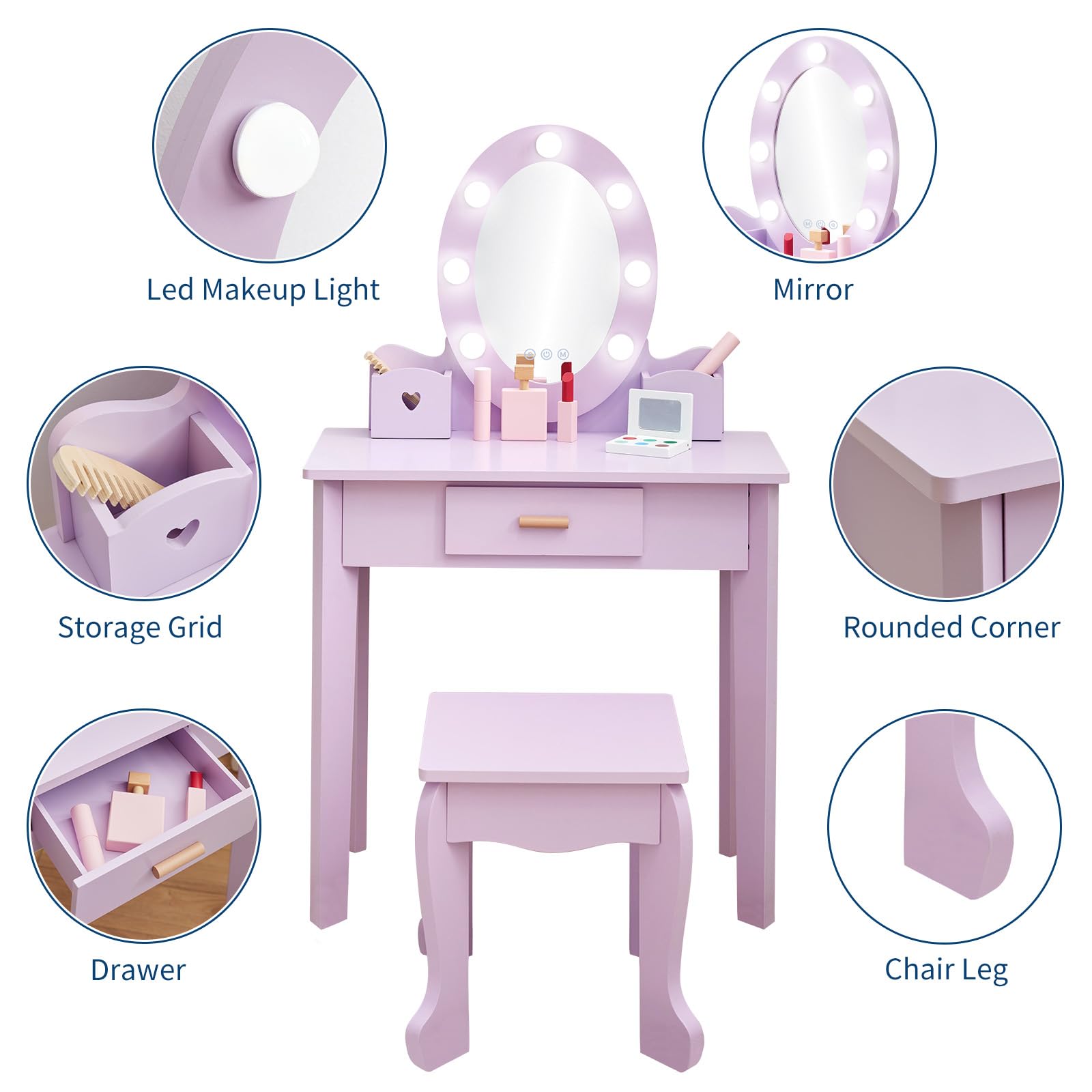 Garvee Kinder Schminktisch mit Licht und Hocker, schminktisch ab 4 Jahren mit Beleuchtung, Prinzessinnen Design in Lila – kinderschminktisch mit Schublade & Fächern für Mädchen