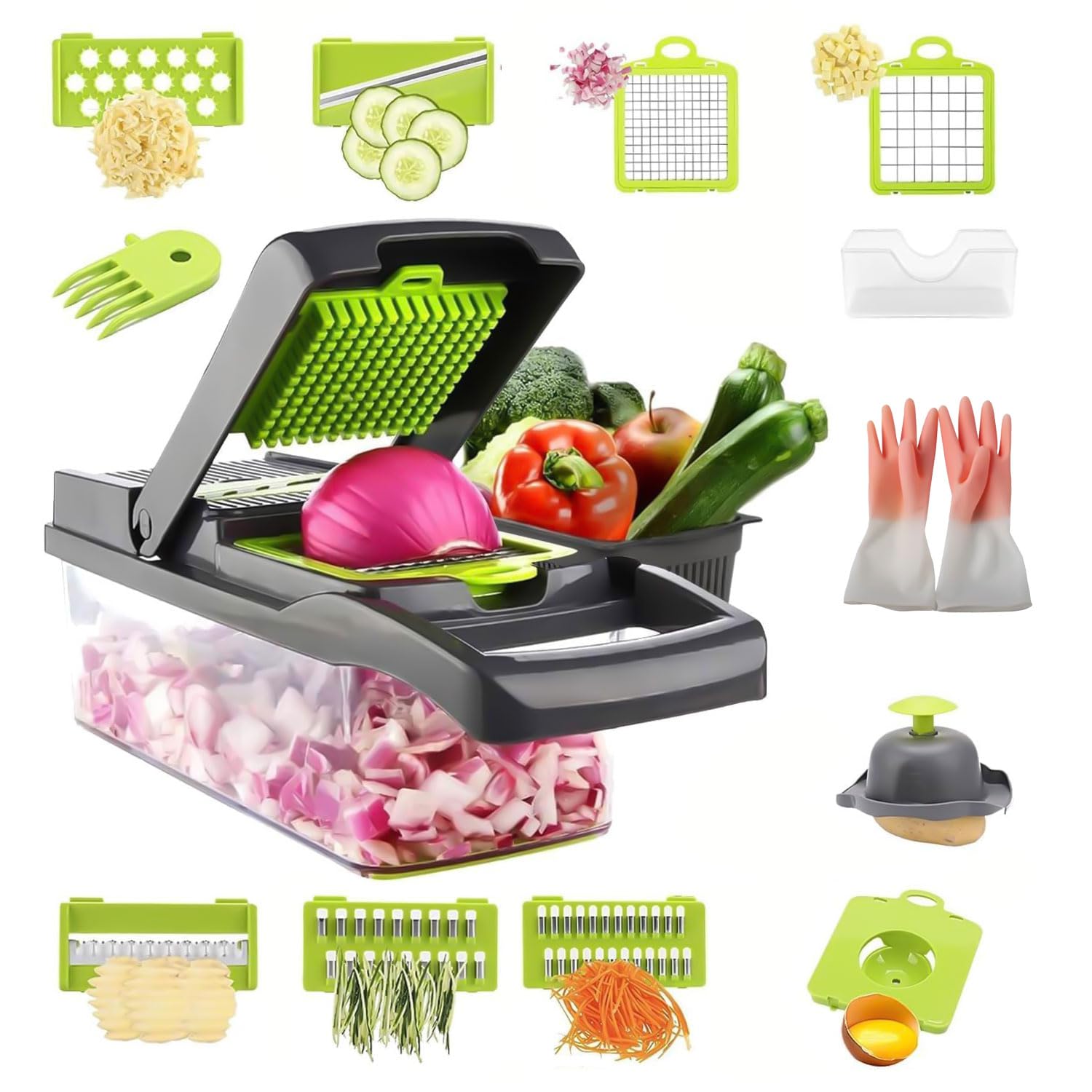 15-in-1 Multifunctional Vegetable Chopper & Mandoline Slicer – Premium Food Cutter with 7 Blades, Peeler, Cleaning Brush & Protective Mitt for Easy Veggie & Fruit Slicing with Free Gloves.