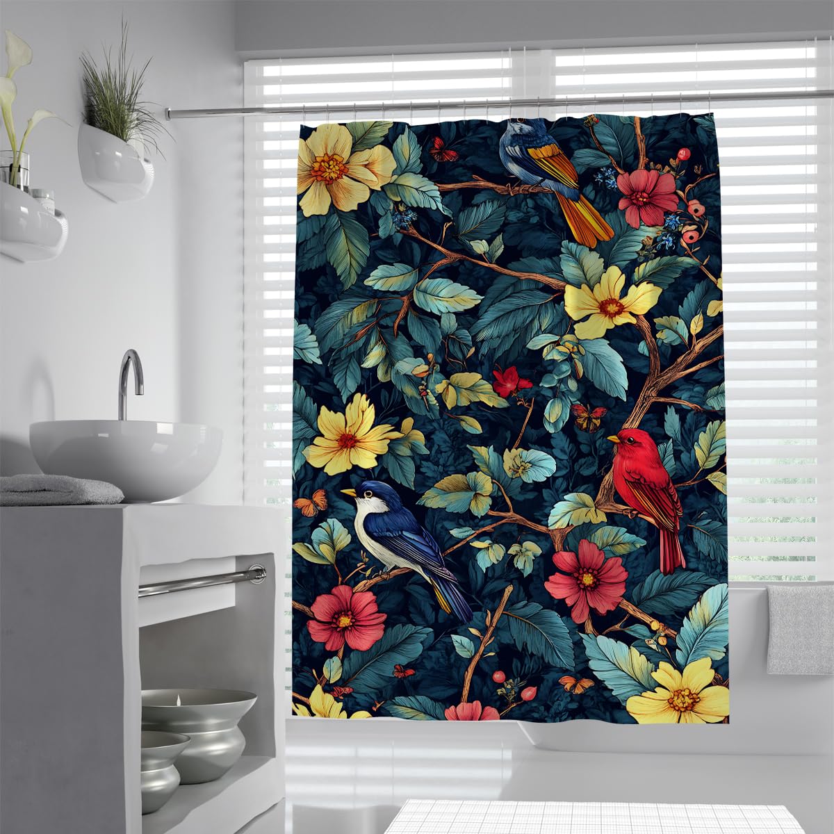 OLLIAR Home Boho Floral Shower Curtain 180x220 Colorful Vibrant Blossom Vintage Jungle Plant Bathroom Curtains Polyester Fabric Bath Decor Curtain with Hooks
