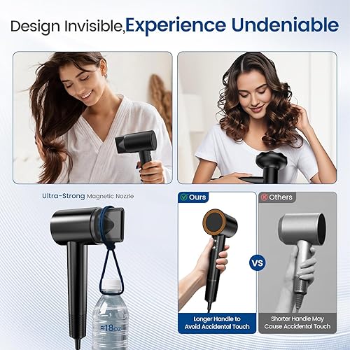 Miniatura 7 de Secador de pelo con motor de 110000 RPM de alta velocidad de 1400 W para secado rápido de 1 a 5 minutos, 3 niveles de viento calientefrío y 49 dB de