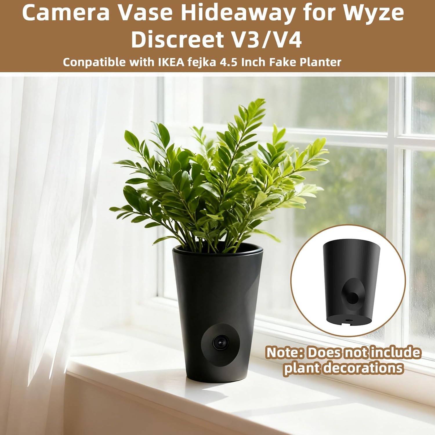 Camera Vase Hideaway for Wyze Discreet V3/V4 | Concealed Design Compatible with IKEA fejka 4.5 Inch Fake Planter(Black)
