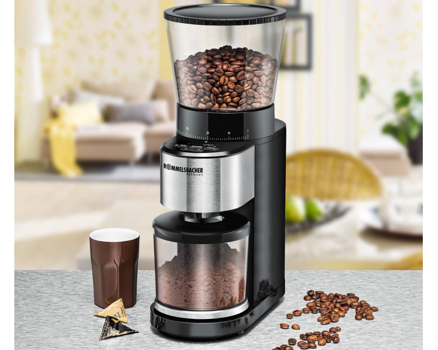 ROMMELSBACHER Kaffeemühle EKM 500 - Kegelmahlwerk, Präzisions-Waage, Halterung für Siebträger, Mahlgrad in 39 Stufen, 5 Funktionstasten für individuelle und flexible Nutzung, Schwarz/Edelstahl