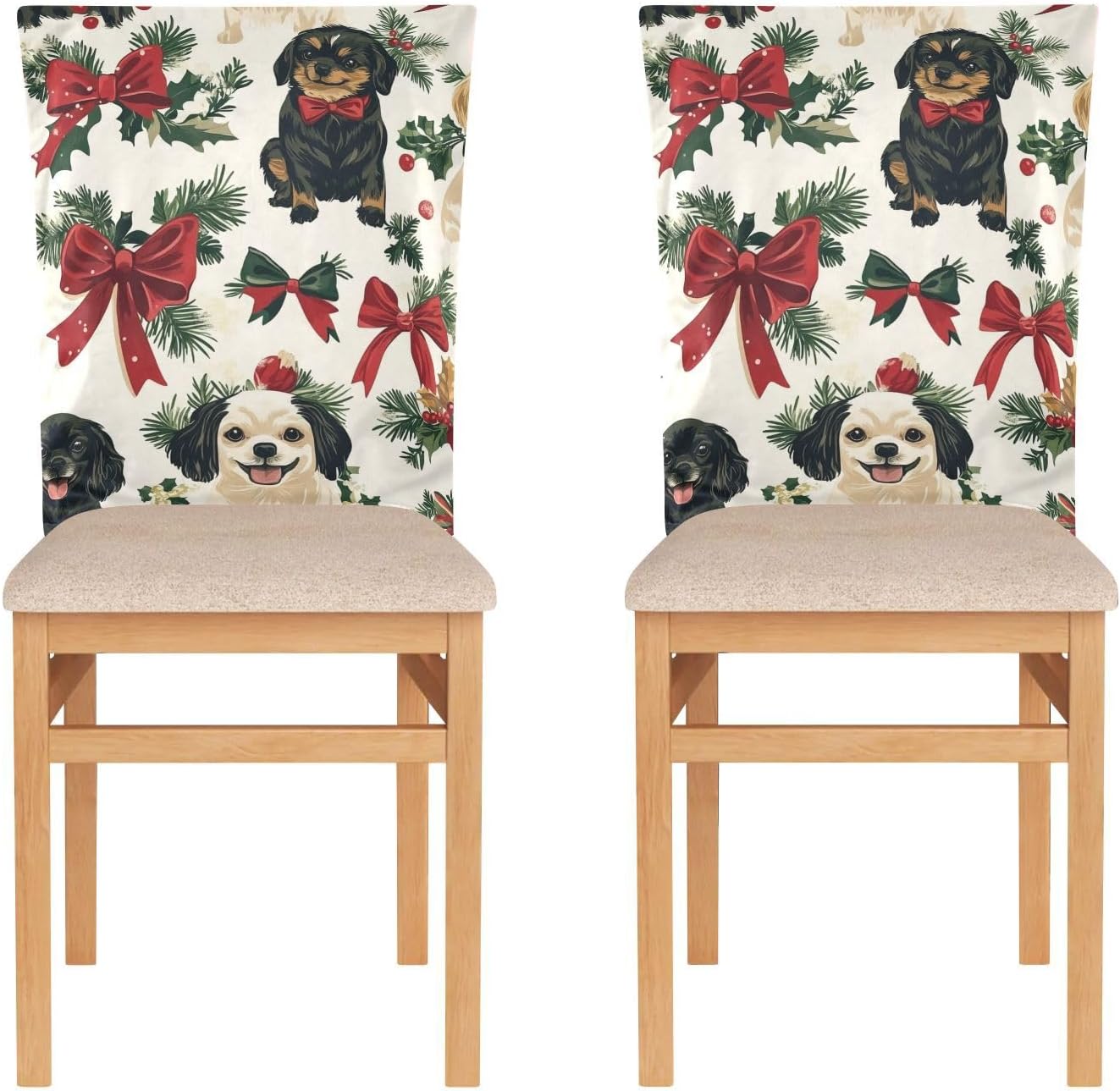ALAZA Dogs Bows Christmas Berry Chair Back Cover Set of 6, Washable Reusable Removable Chair Slipcovers Decorative Chair Cover for Home Kitchen Wedding Party