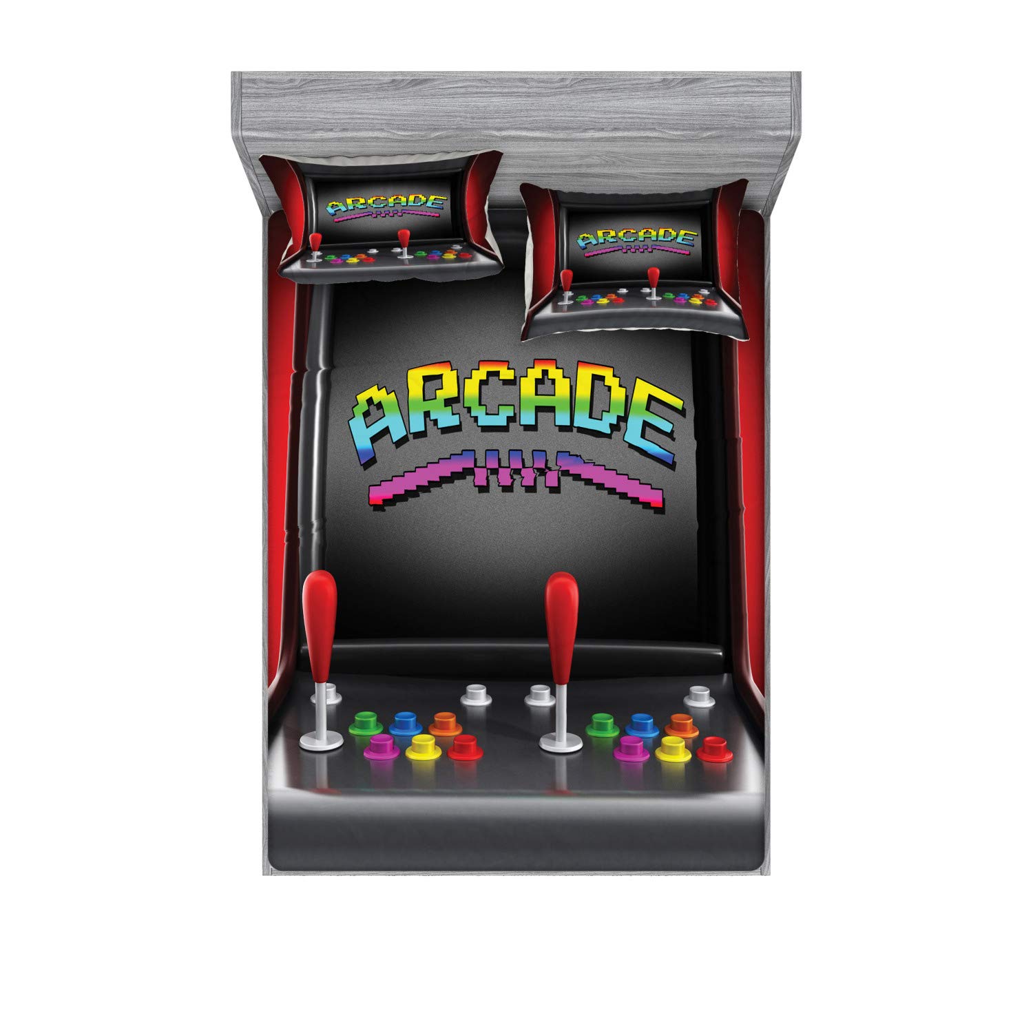 Ambesonne Video Games Fitted Sheet & Pillow Sham Set, Arcade Machine Retro Gaming Fun Joystick Buttons Vintage 80's 90's Electronic, Decorative