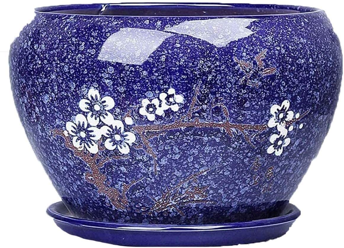 Siunwdiy Europe Ceramic Flower Pot with drainage hole, glazed ceramic flowers Container Office Cache-Pot Plant Pots Bonsai Exhibition Green Basin decorative garden,Blue WULE01 (Color : Blue)