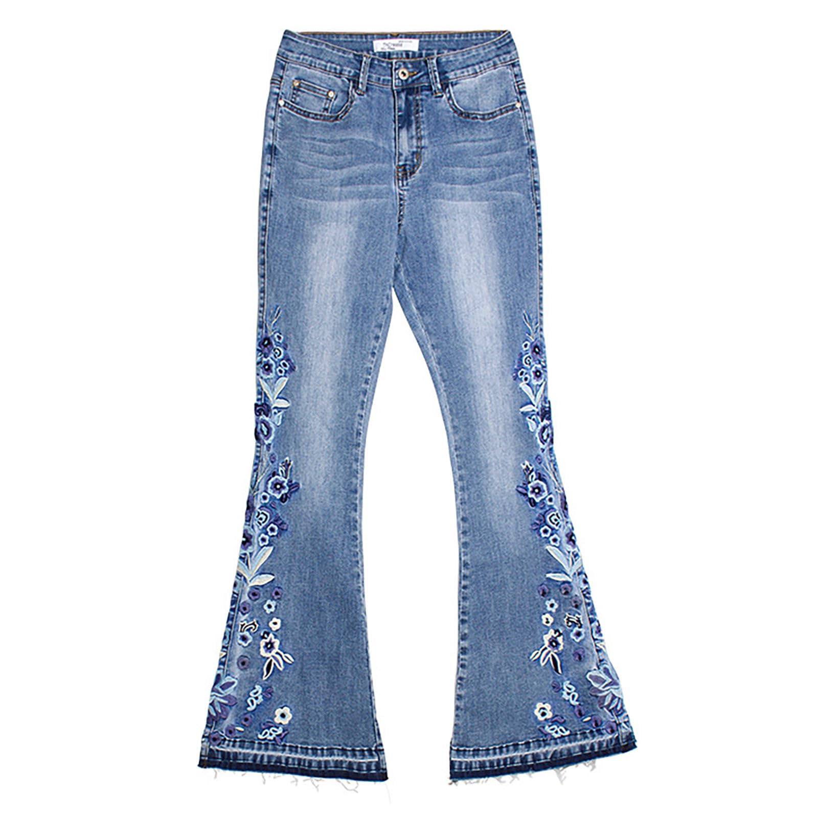 Schlaghose Damen Jeans Blumen Jeanshosen Schlank Geblümt Bestickt Denimhose Vintage Stickerei Schlagjeans mit Taschen Elegante Bootcut Röhrenjeans Hohe Taille Flared Pants Y2K Style Denim Freizeithose