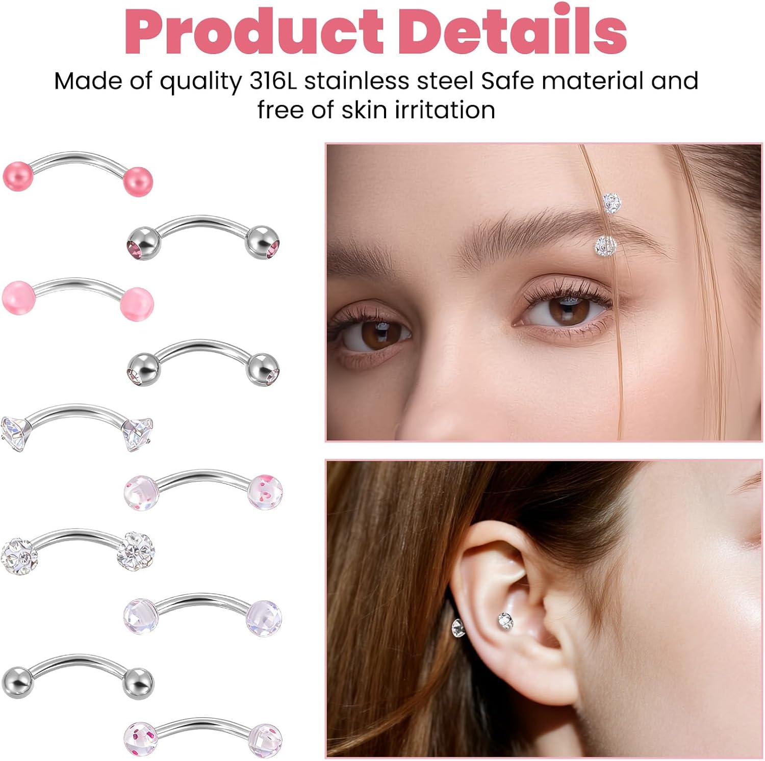 10PCS Eyebrow Piercing, 18G Snake Eyes Piercing Jewelry Tongue, Curved Barbell Eyebrow Rings, for Piercings on The Earlobe, Eyebrows, Lip and Tongue.
