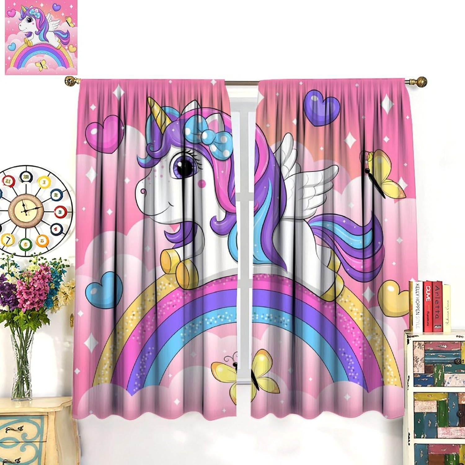 Unicorn Curtains for Girls Fairy Cute Cartoon Rainbow Rod Pocket Blackout Window Drapes for Bedroom Living Room Kitchen Cafe Decor （W21xL45 Inch） x2 Panels