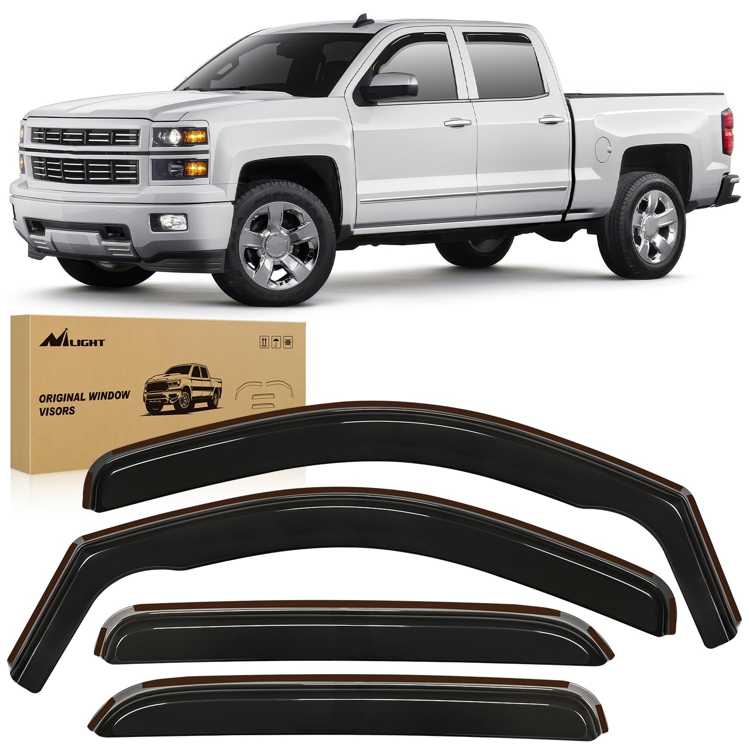 Nilight Window Visor Compatible with Chevy Silverado 1500/Avalanche 2007 2008 2009 2010 2011 2012 2013 GMC Sierra 1500/Silverado/Sierra 2500-3500HD Crew Cab Yukon XL in Channel Rain Guards