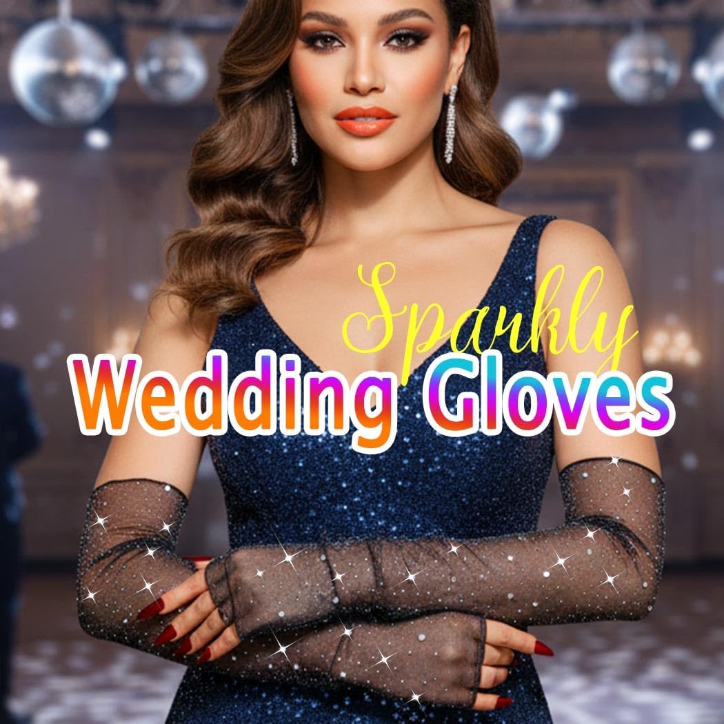 CASDRE Sparkly Rhinestone Long Gloves Fingerless Mesh Elbow Length Arm Sleeves Prom Costume Gloves for Women - Image 2