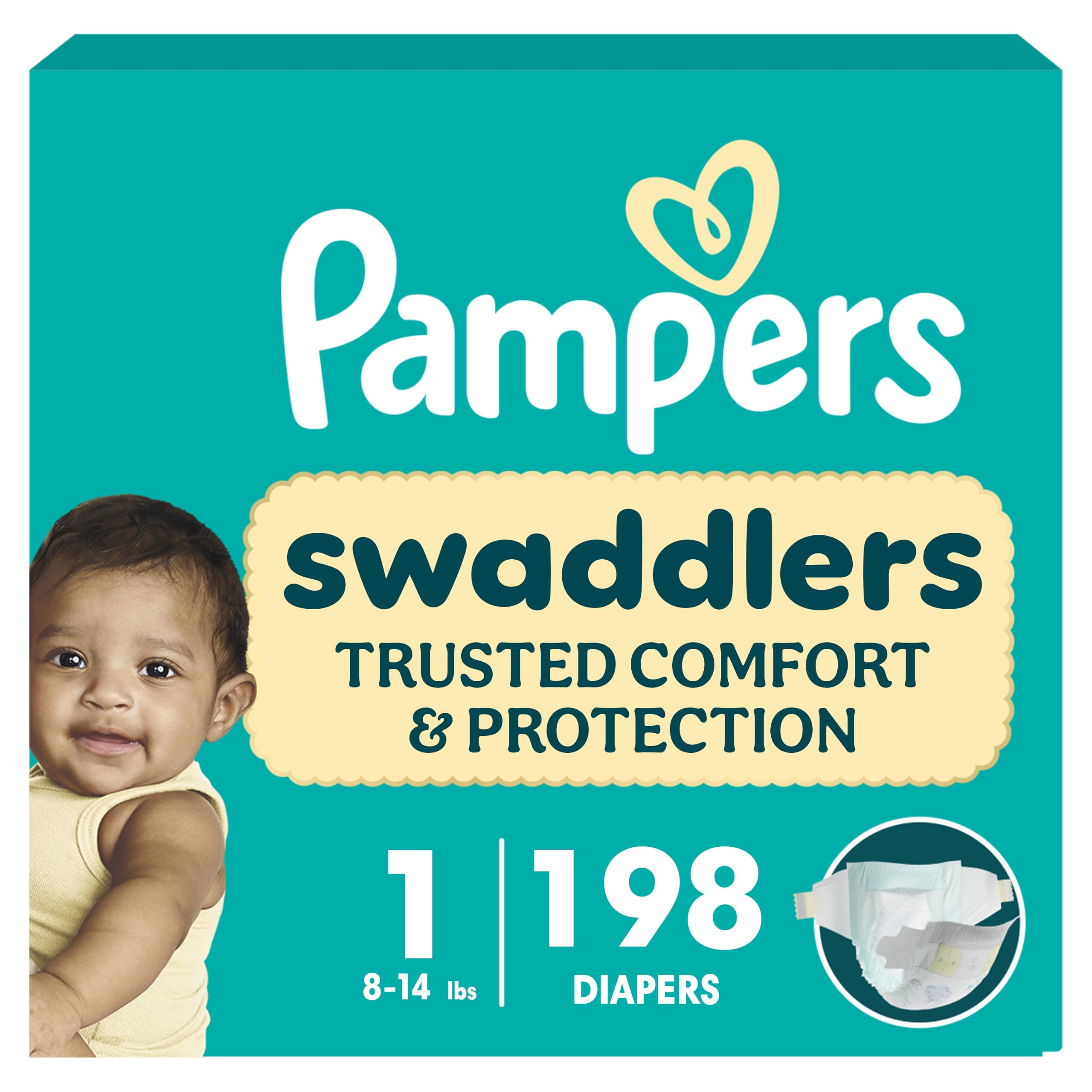 Pampers Swaddlers Diapers, Size 1 (8-14 lbs), 198 Count, Fragrance Free, Hypoallergenic, Absorbent, Pediatrician Recommended, Skin Safe Size 1 198