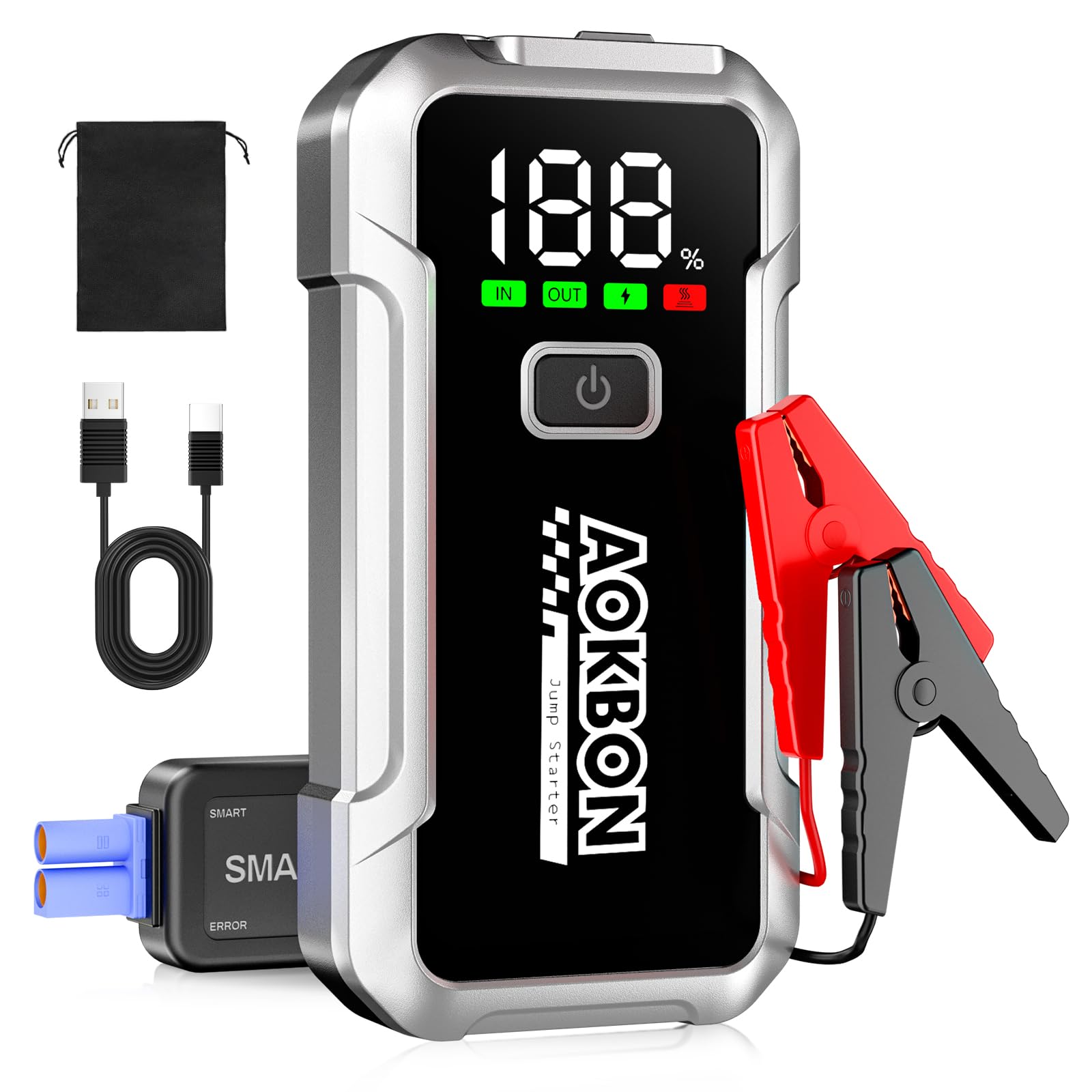 AOKBON Arrancador de Coches 4000A 12V Arrancador de batería para 8L de Gasolina o 6L de Diésel Booster con Pantalla LCD Grande Clips de Seguridad Inteligentes Carga USB y Luz LED