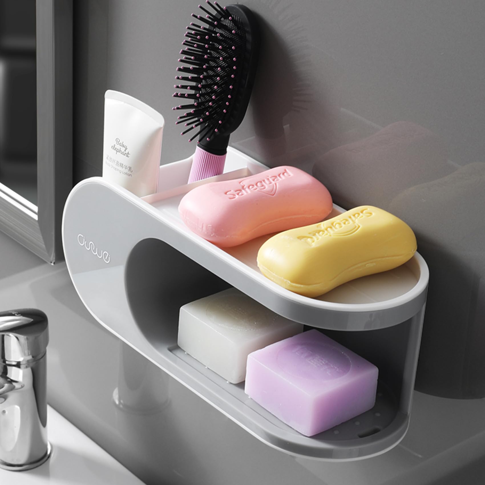 TYZAG Soap Holder Adhesive Storage Organizer Durable Bath Space Saving Design with 4 Removable Hooks Ideal for Sponge and Shelving Decor, Washroom and Kitchen Essential (Grey, 2 in 1 Soap Holder) 2