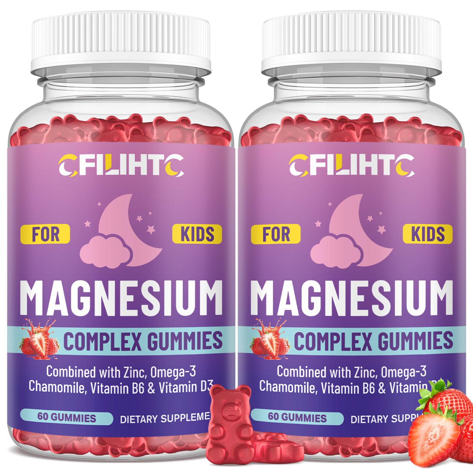 Kids Magnesium Gummies-Magnesium Glycinate Gummies for Kids Supplement-w/Zinc, Chamomile, Omega-3, Vitamin B6, D3 - for Sleep, Relaxation, Brain, Bones, Children's Calm, Sugar Free, 2 Pack Strawberry Strawberry 60 Count (Pack of 2)