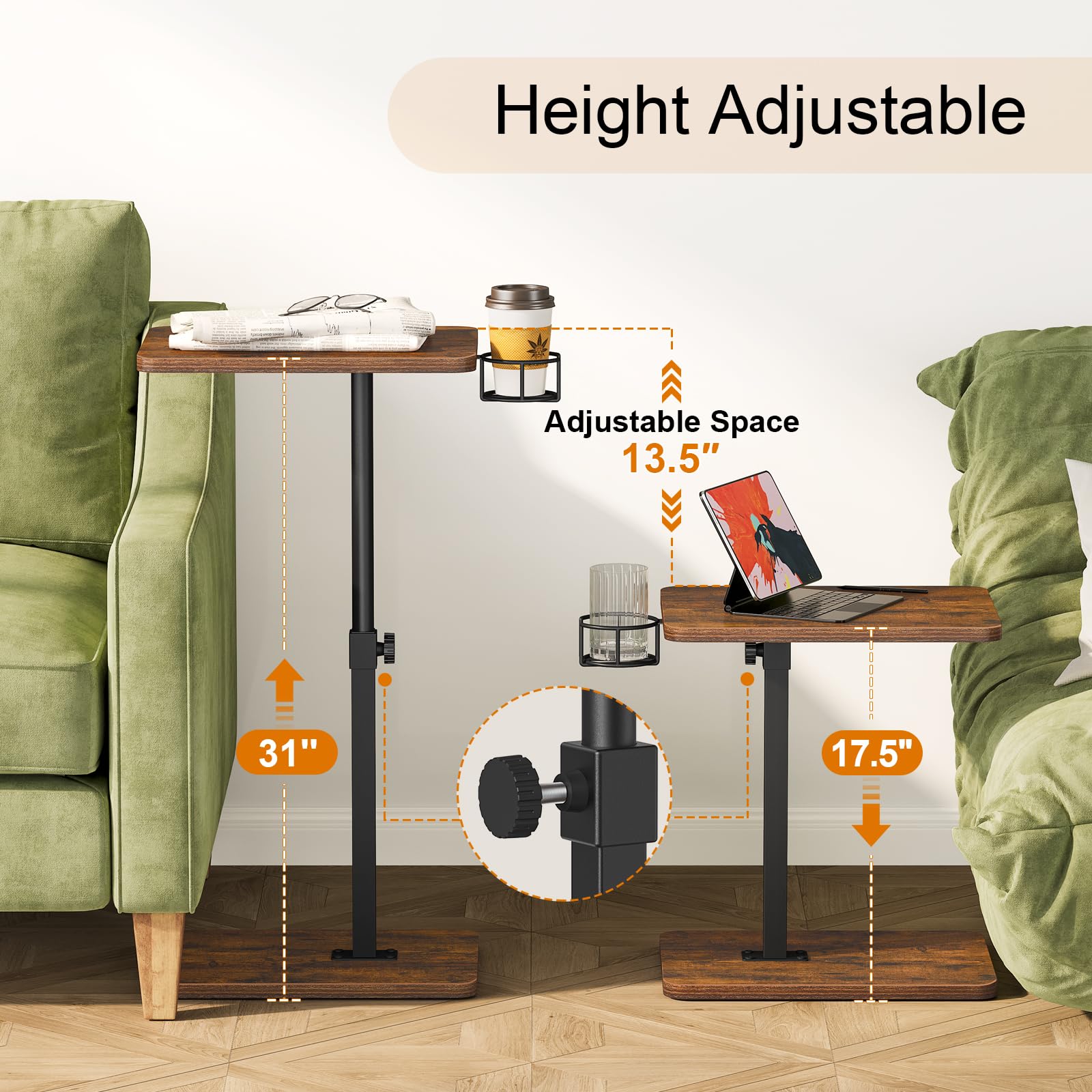 Giikin TV-Tablett, 360° drehbar, höhenverstellbar, TV-Tabletts zum Essen auf der Couch, Sofa-Armlehne, Beistelltisch für kleine Räume, Sofa, Bett, Abendessen, rustikales Braun