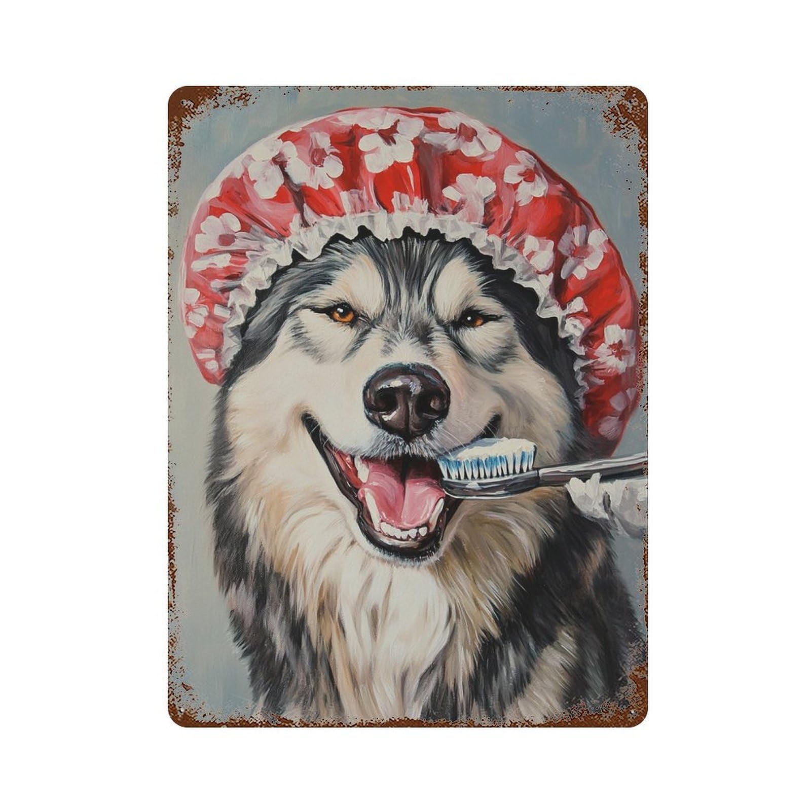 Alaskan Malamute with Toothbrush Decorative Tin Sign 15.7"x11.8", Farmhouse Wall Decor for Garage, Bar And Workshop Decor
