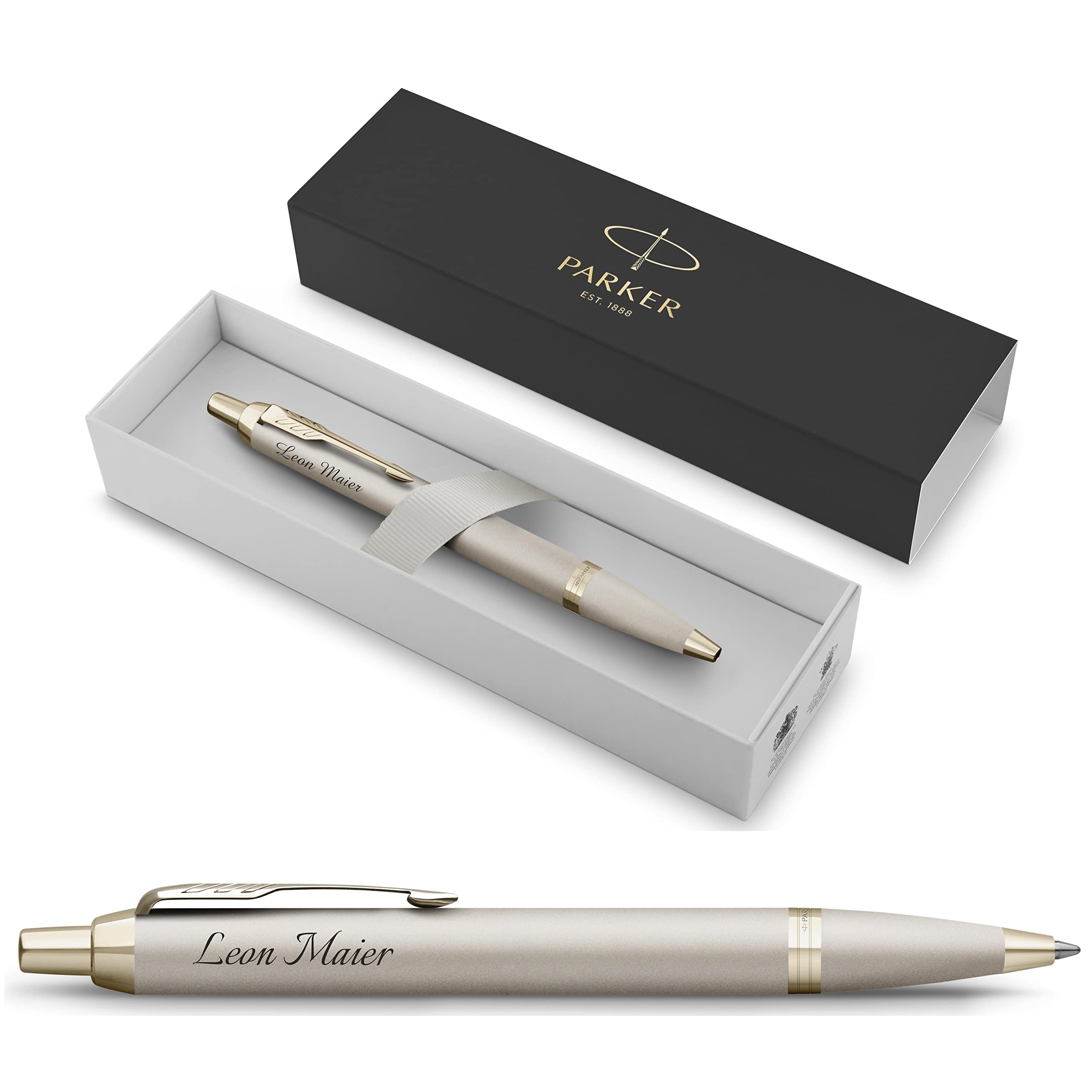 PARKER Penna a sfera in bianco e nero con incisione | penna premium | confezione regalo | inchiostro blu | regalo personalizzato | nome | inciso | anniversario | compleanno | idea regalo (champagne)