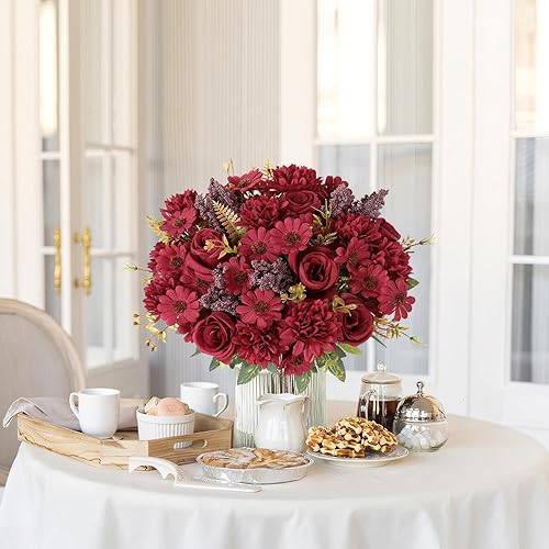 Miniatura 2 de Dremisland Ramos de flores falsas, 2 paquetes de ramo de margaritas de rosas artificiales de seda realistas para centro de mesa, mesa, boda, fiesta,