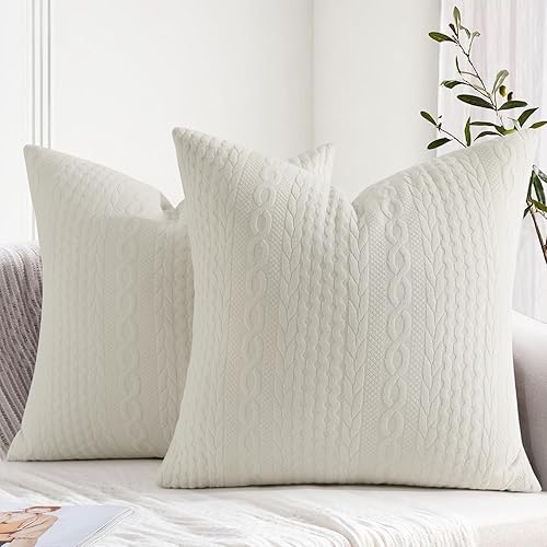 Miniatura 7 de Cikary Juego de 2 fundas de almohada decorativas de 18 x 18 pulgadas para sofá cama con patrón de cuerda trenzada elevada, fundas de almohada