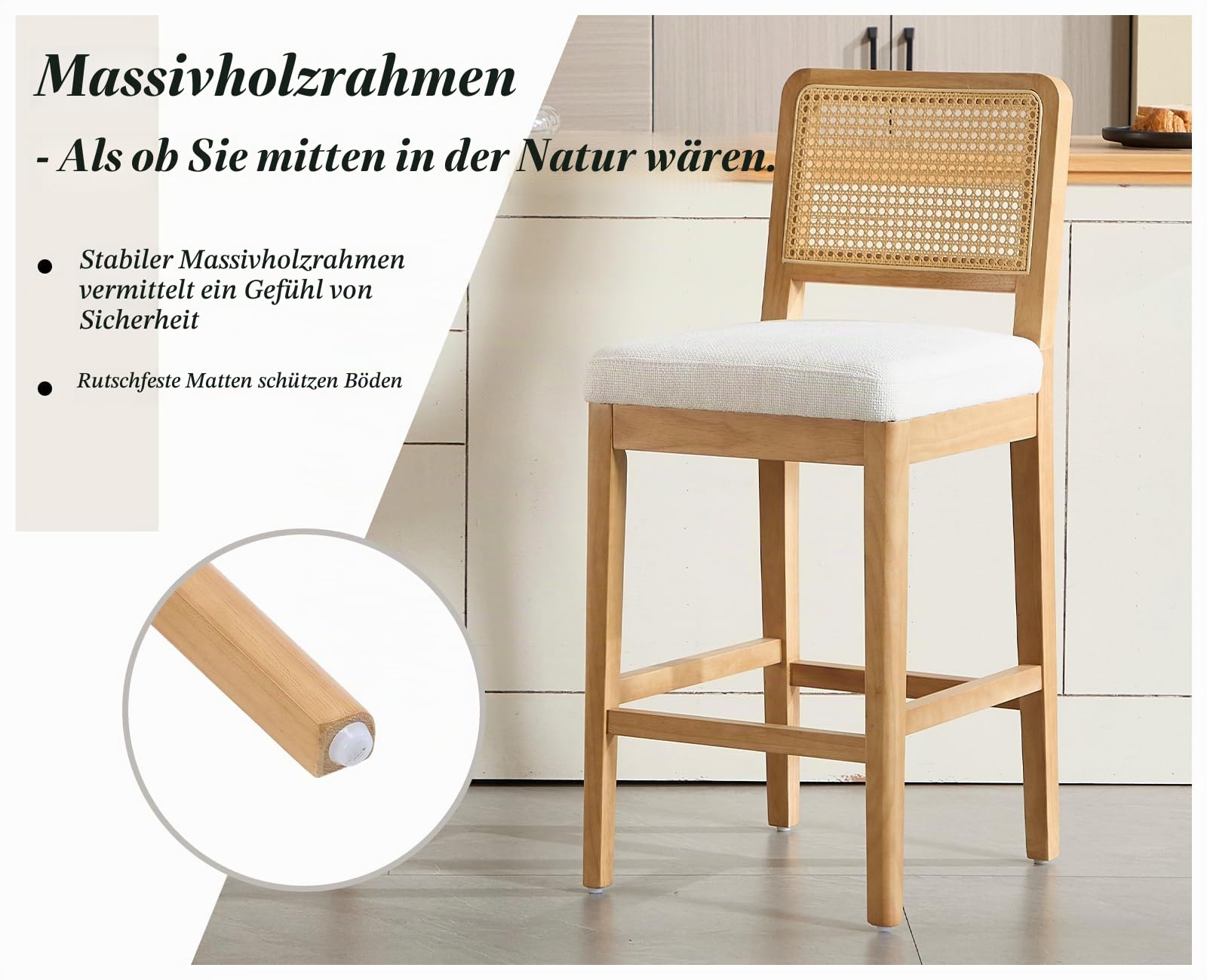 chairus 2er-Set Barhocker Holz, Retro Rattan-Rückenlehne, Chenille/Weiß