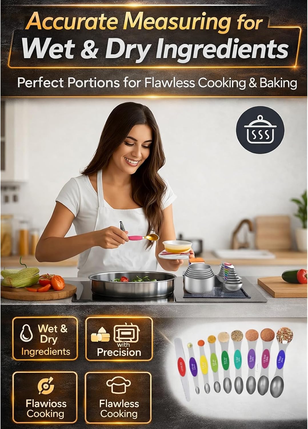 Magnetic Measuring Cups and Spoons Set304 Stainless Steel Dual Scale Set of 15, Strong N52 Magnetic Nesting Design with Leveler, for Dry&Liquid Ingredients, Dishwasher Safe(Colorful)