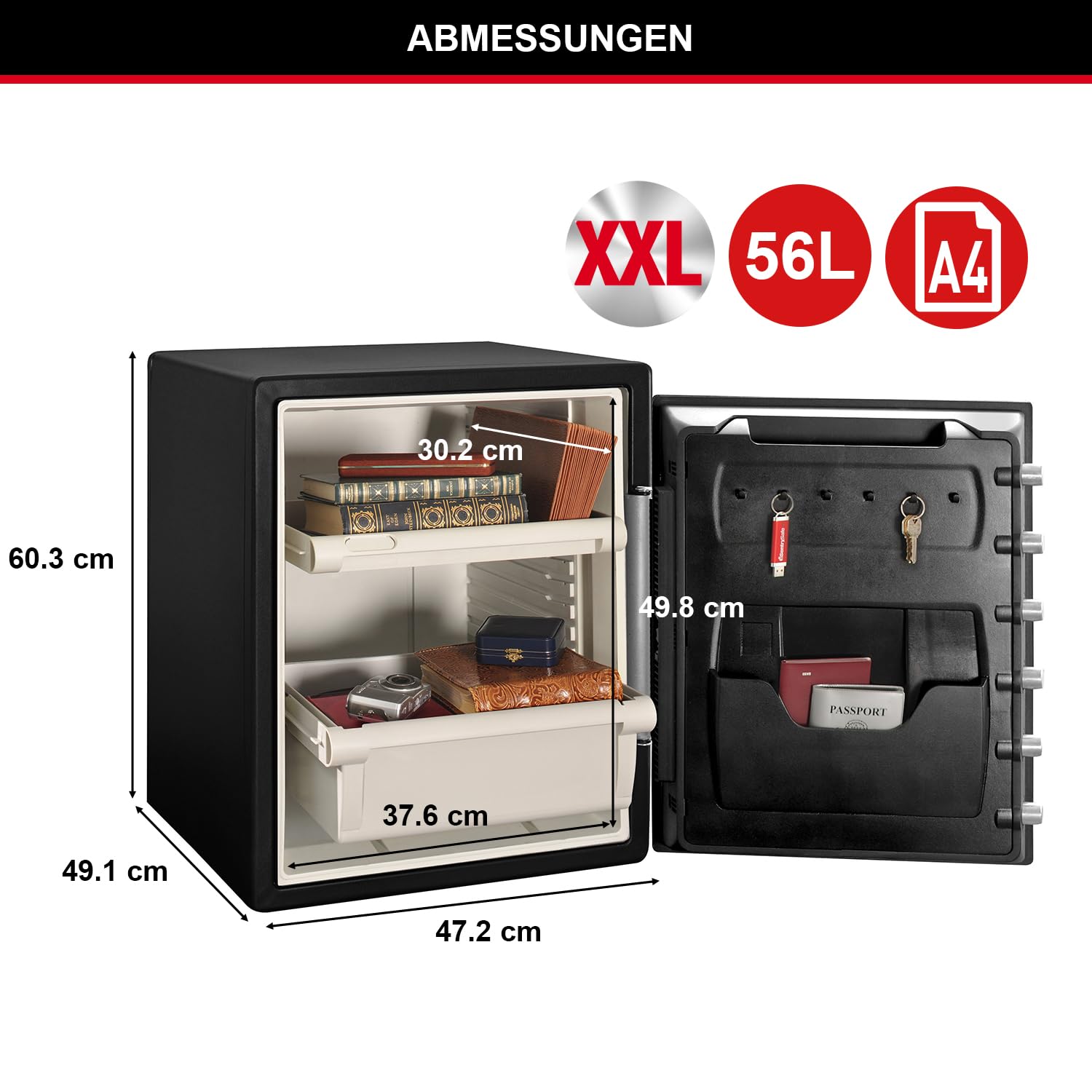 Master Lock Tresor Feuerfest und Wasserdicht mit Zahlencode und Schlüssel, Dreifacher Schutz - Flug, Feuer und Flut, elektronische Kombination und Schlüssel, 56,6 L, 60.3 x 47.2 x 49.1 cm