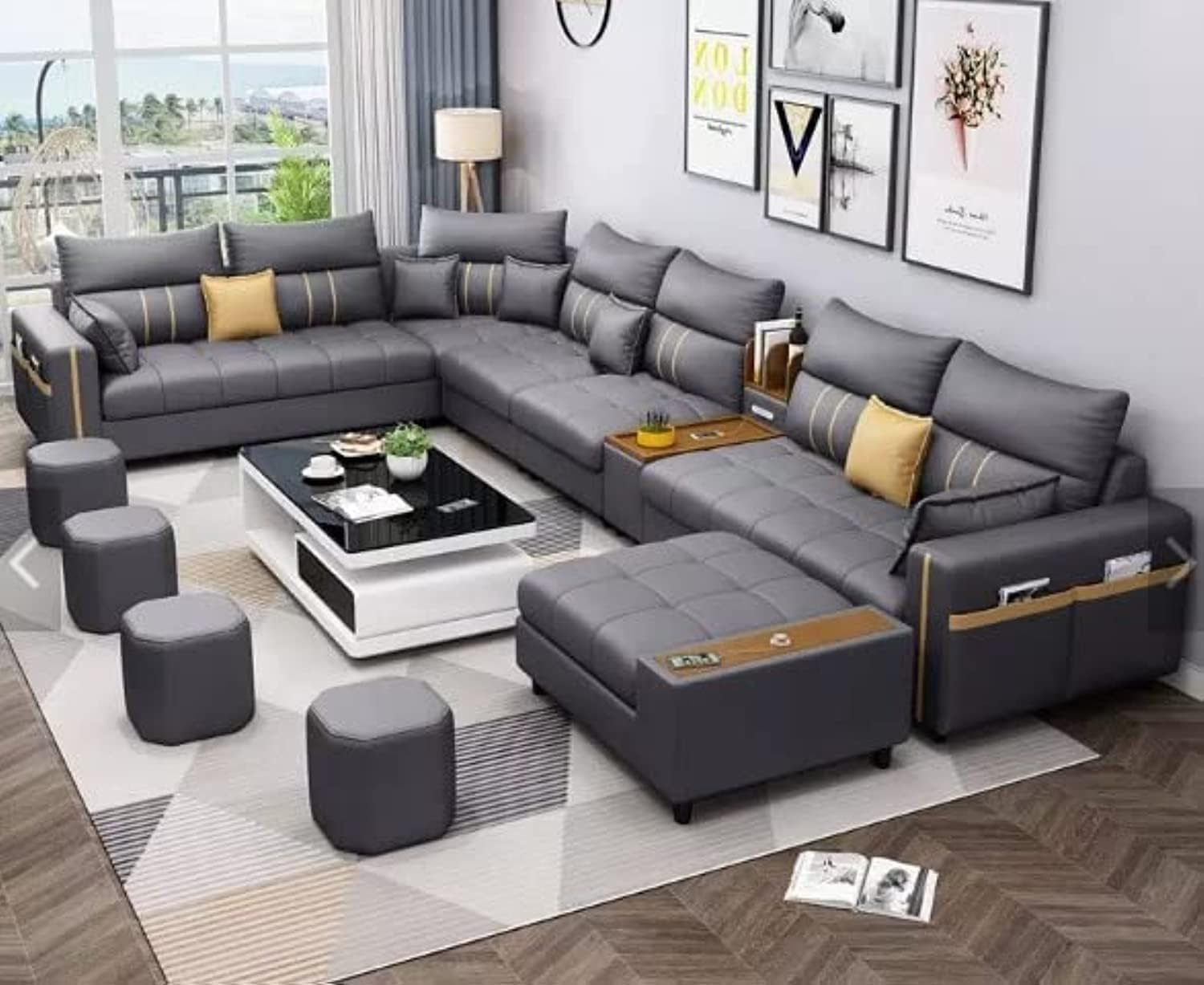 Good Luck Furniture Factory LLC Modern Couch U Shaped Faux leather Living Room Furniture Chaise Lounge Recliner Sectional L Shape Corner Sofa Sets