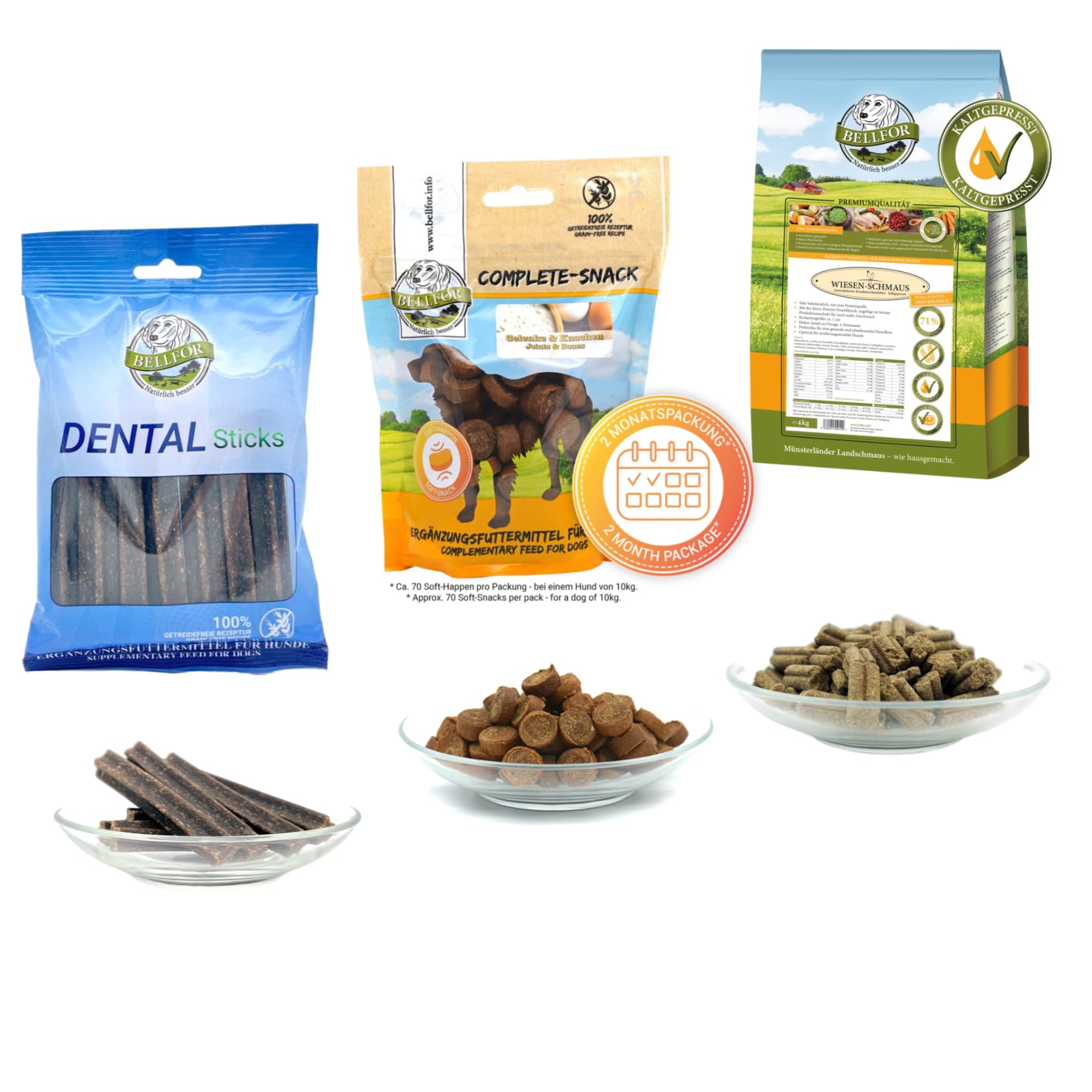 Bellfor Rottweiler Futter Set Wiesen-Schmaus 4 kg Dental Sticks 100g Gelenke & Knochen Kapseln 30 Stück mit Ovopet Jutebeutel