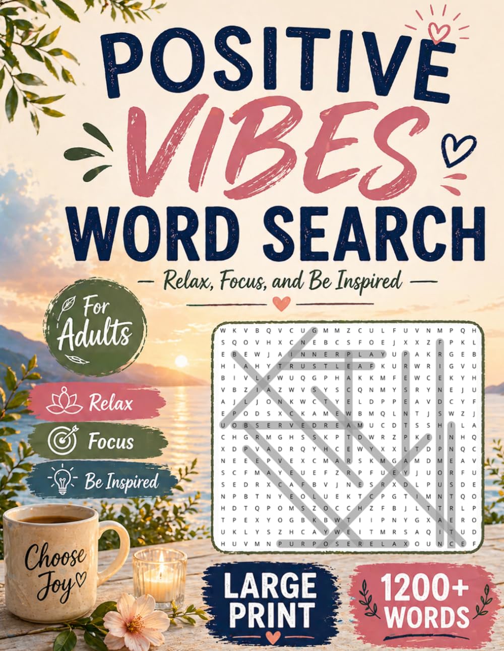 Positive Vibes Word Search Book for Adults: Large Print 1200+ Words for Mindfulness, Positivity, Relax, Focus