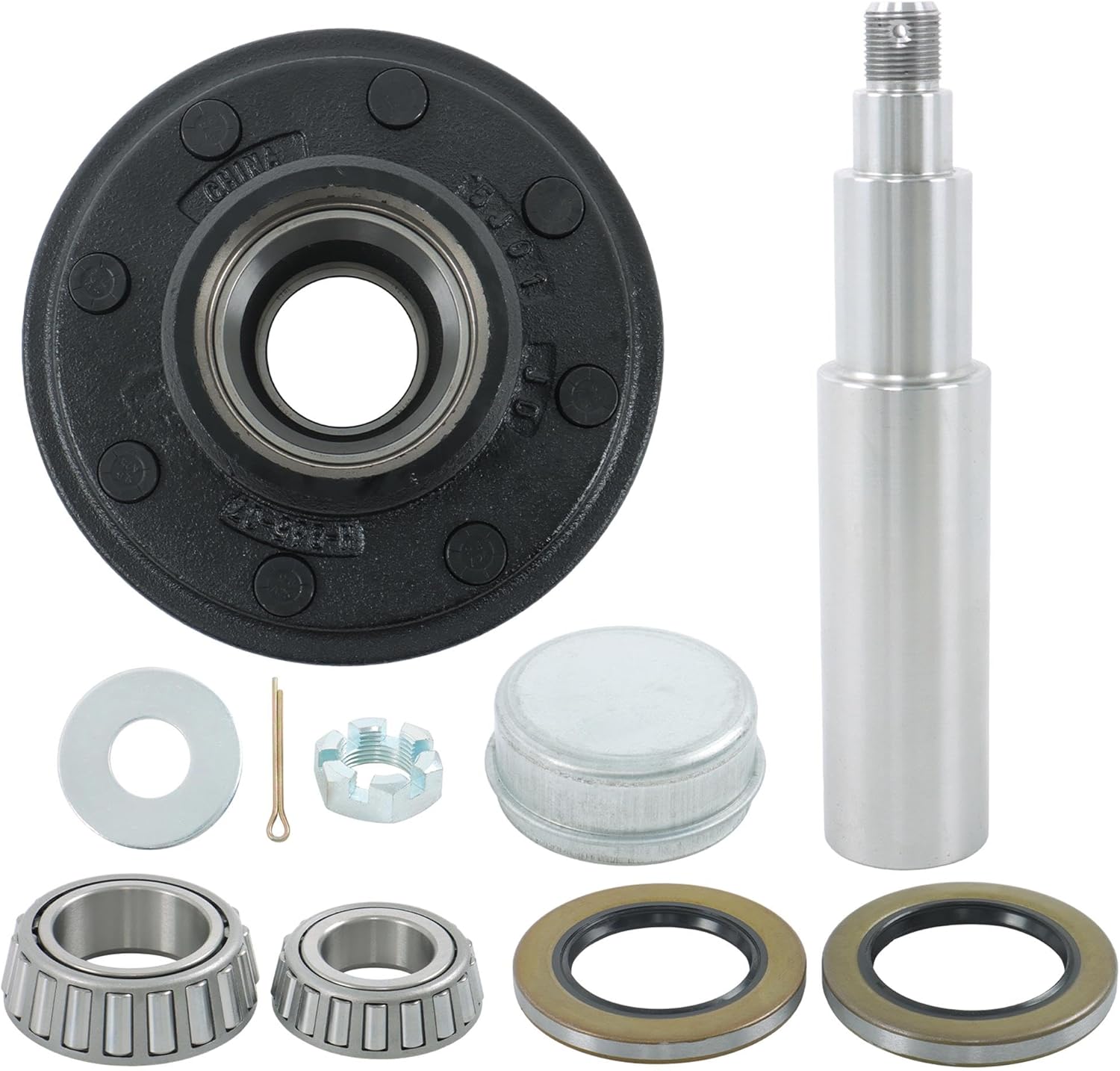8 on 6.5 Inch Bolt Circle 9/16 Inch Trailer Hub Round #42 Spindle with Trailer Bearing Kit